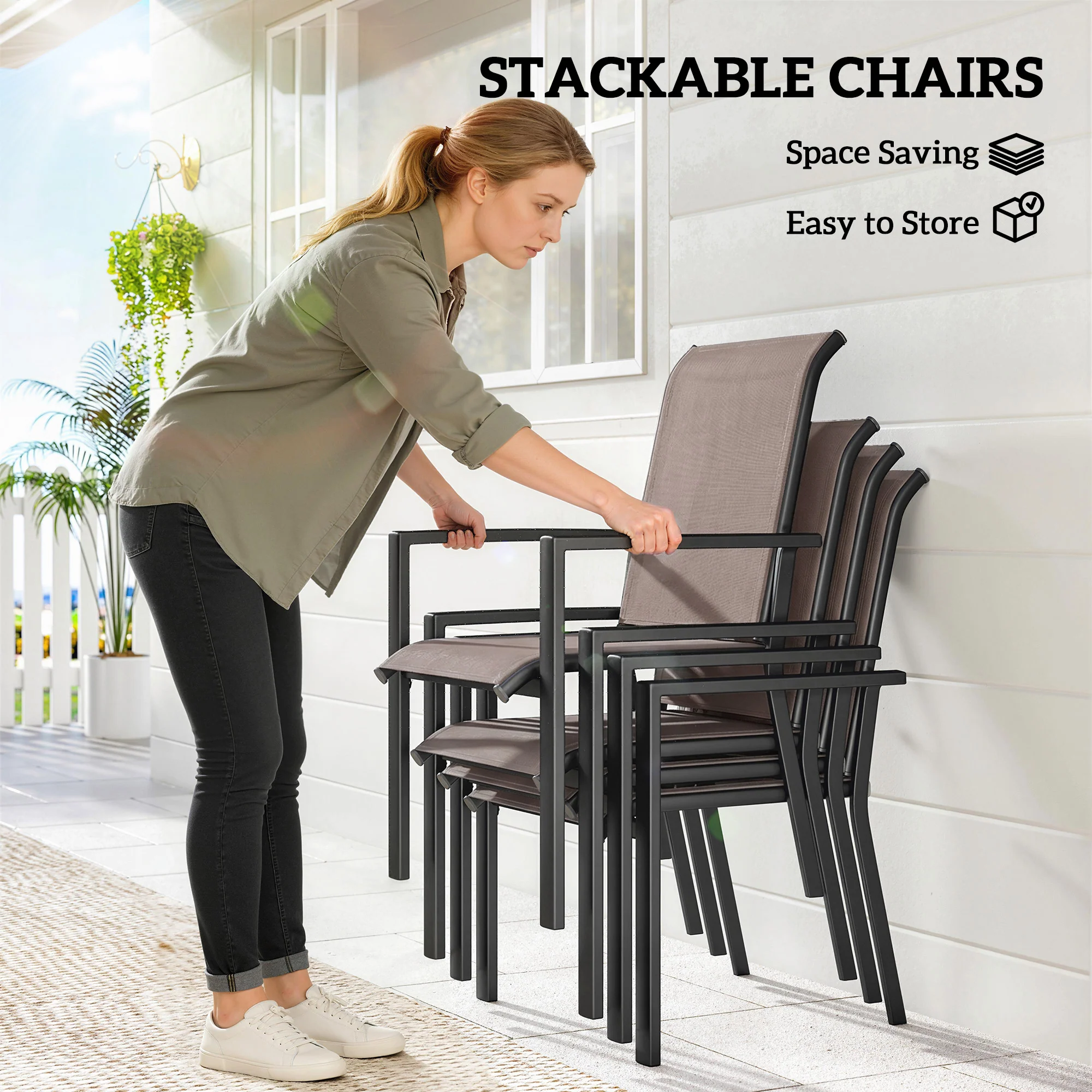 5 Piece Garden Dining Set with Stackable Chairs and Parasol Hole, Grey/Khaki - Image 8