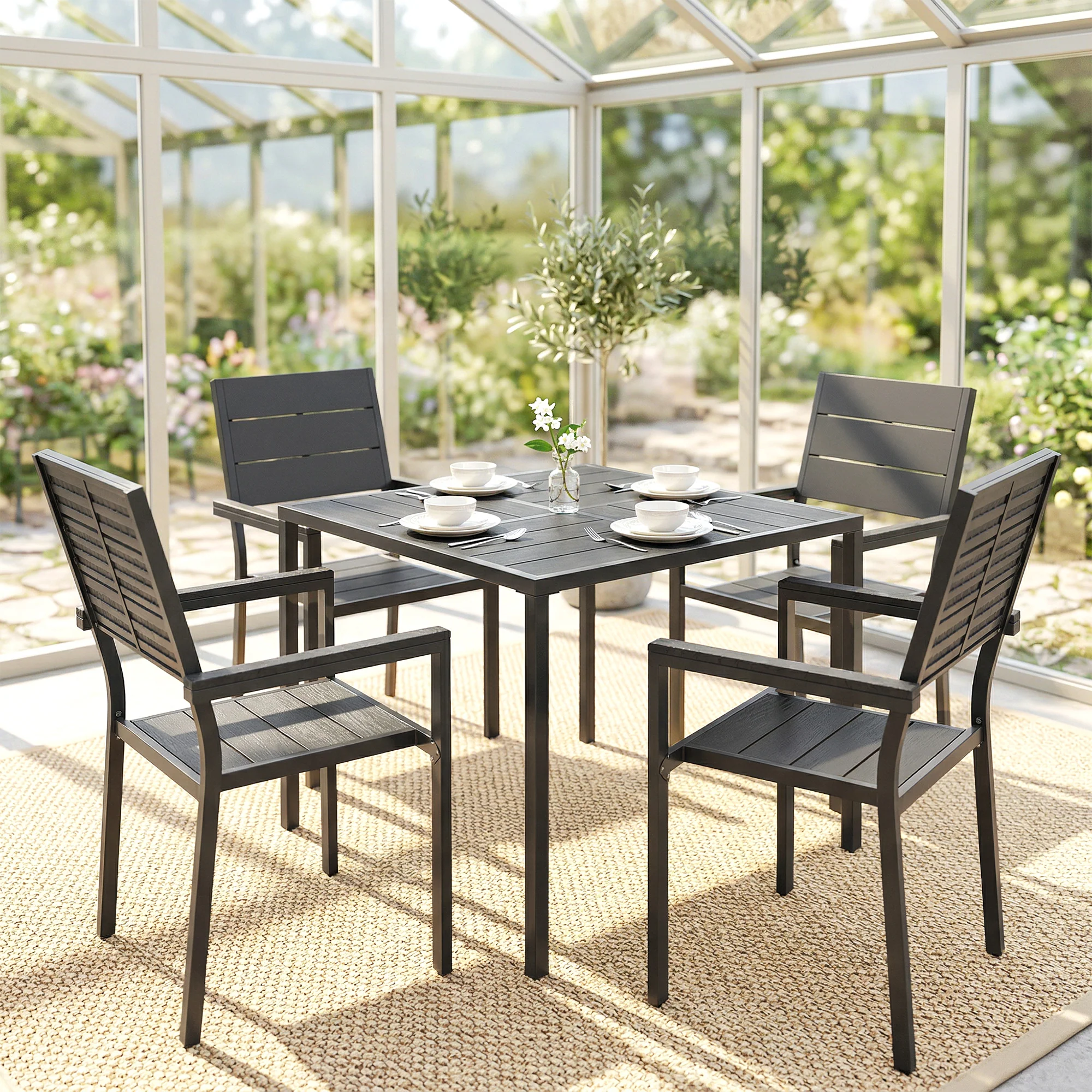 5-Piece Garden Dining Set, Square HDPE Table and Armrest Chairs for 4, Black - Image 10