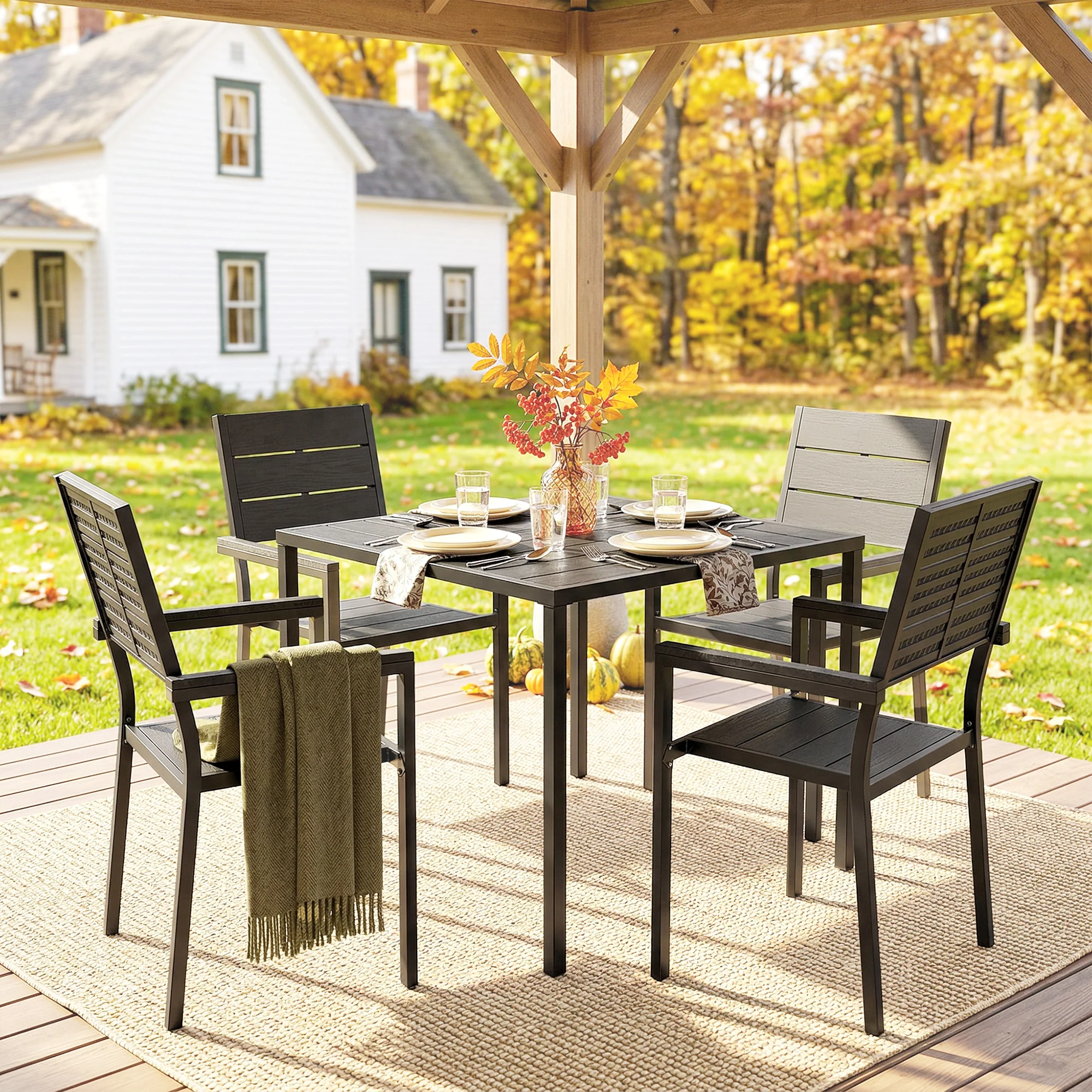 5-Piece Garden Dining Set, Square HDPE Table and Armrest Chairs for 4, Black - Image 11
