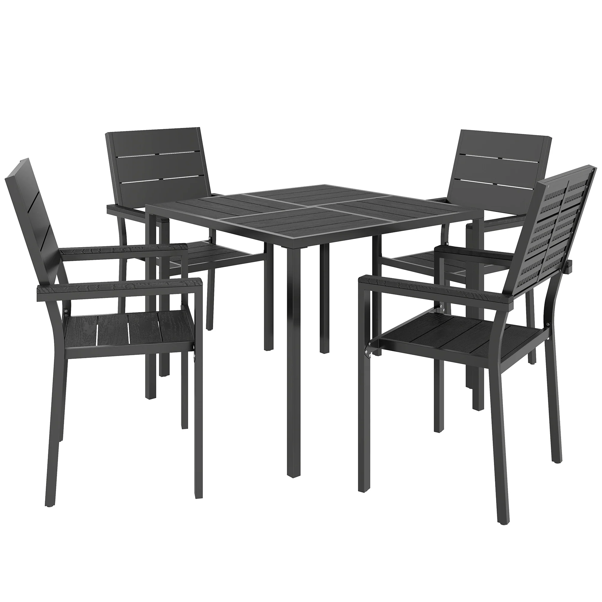 5-Piece Garden Dining Set, Square HDPE Table and Armrest Chairs for 4, Black - Image 2