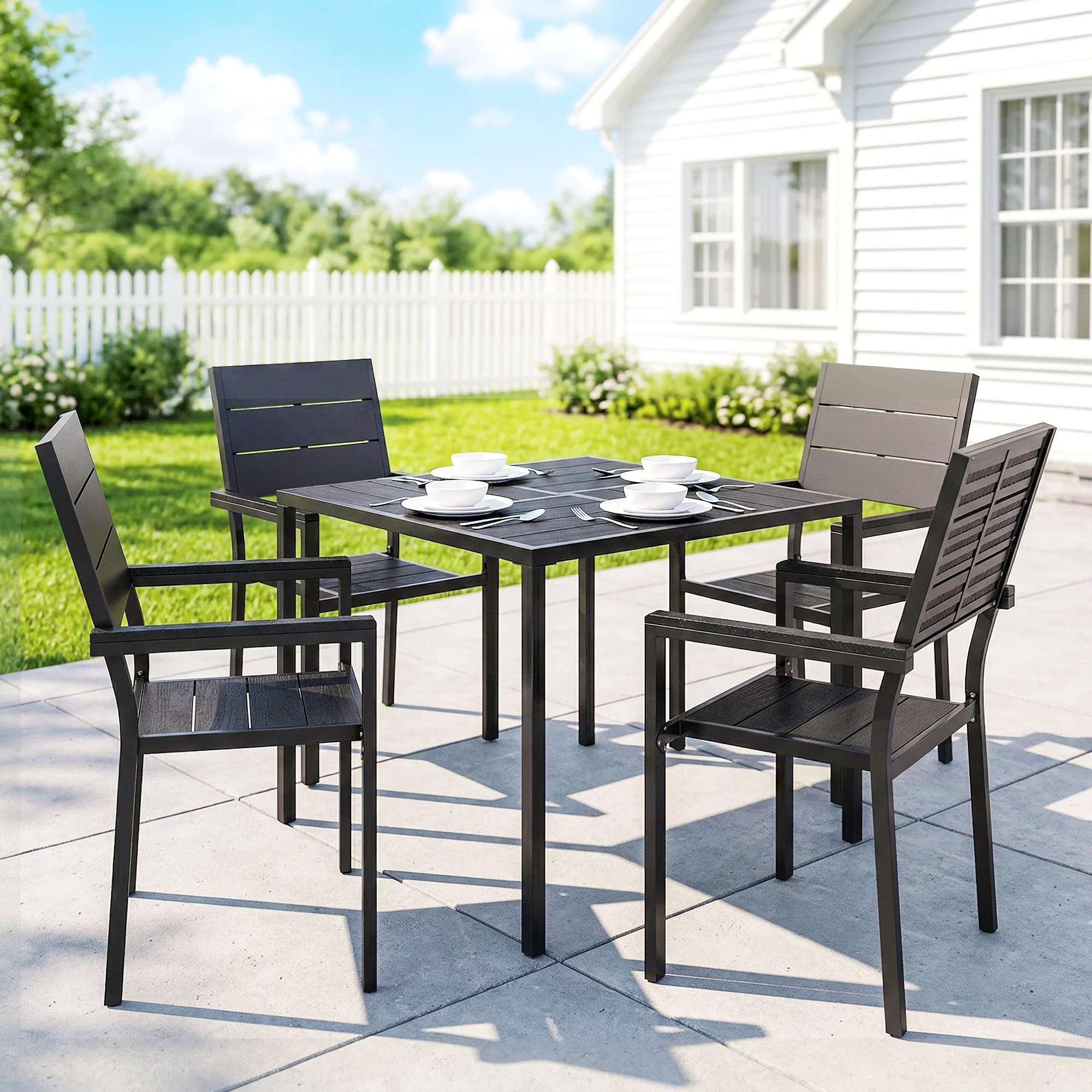 5-Piece Garden Dining Set, Square HDPE Table and Armrest Chairs for 4, Black - Image 3