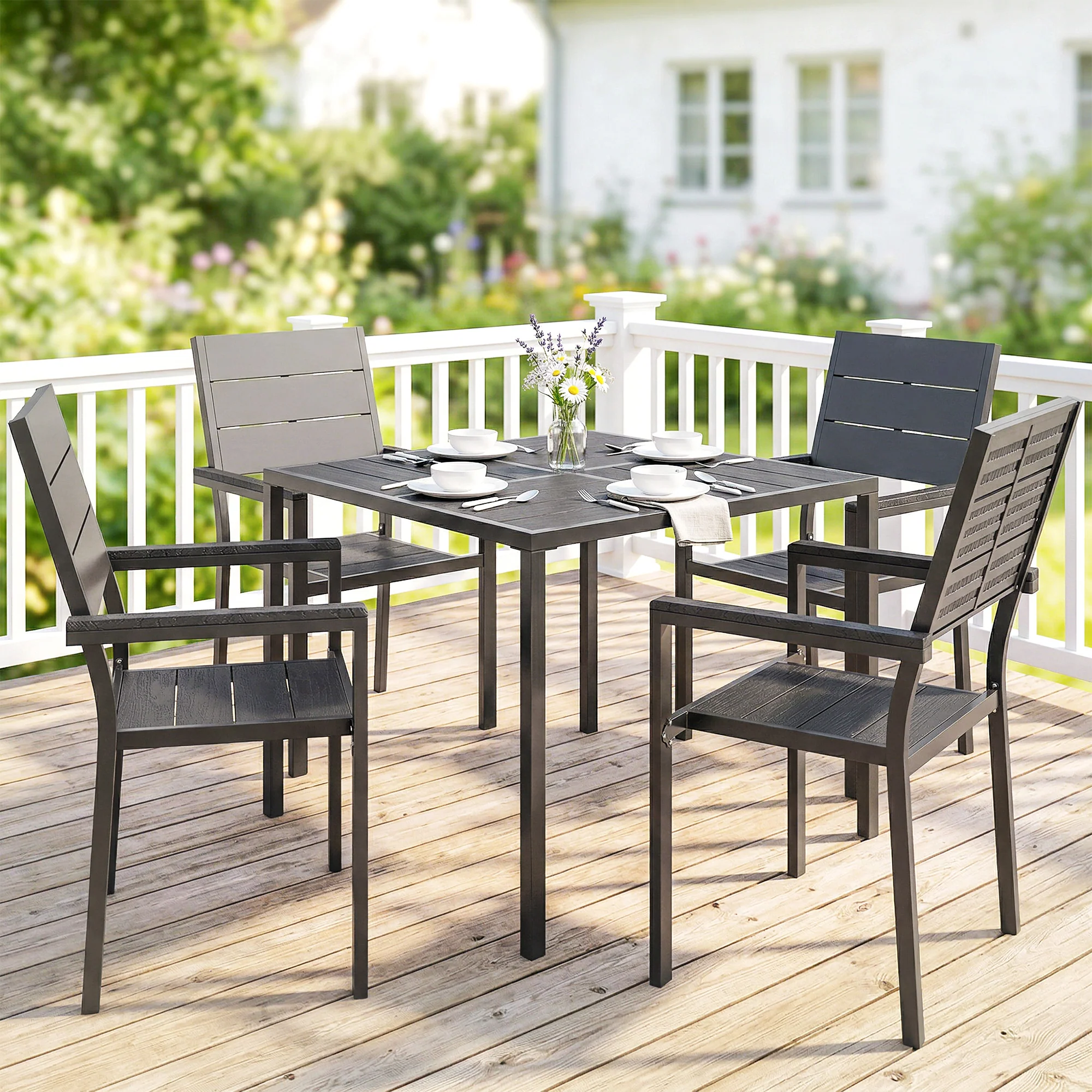 5-Piece Garden Dining Set, Square HDPE Table and Armrest Chairs for 4, Black - Image 4