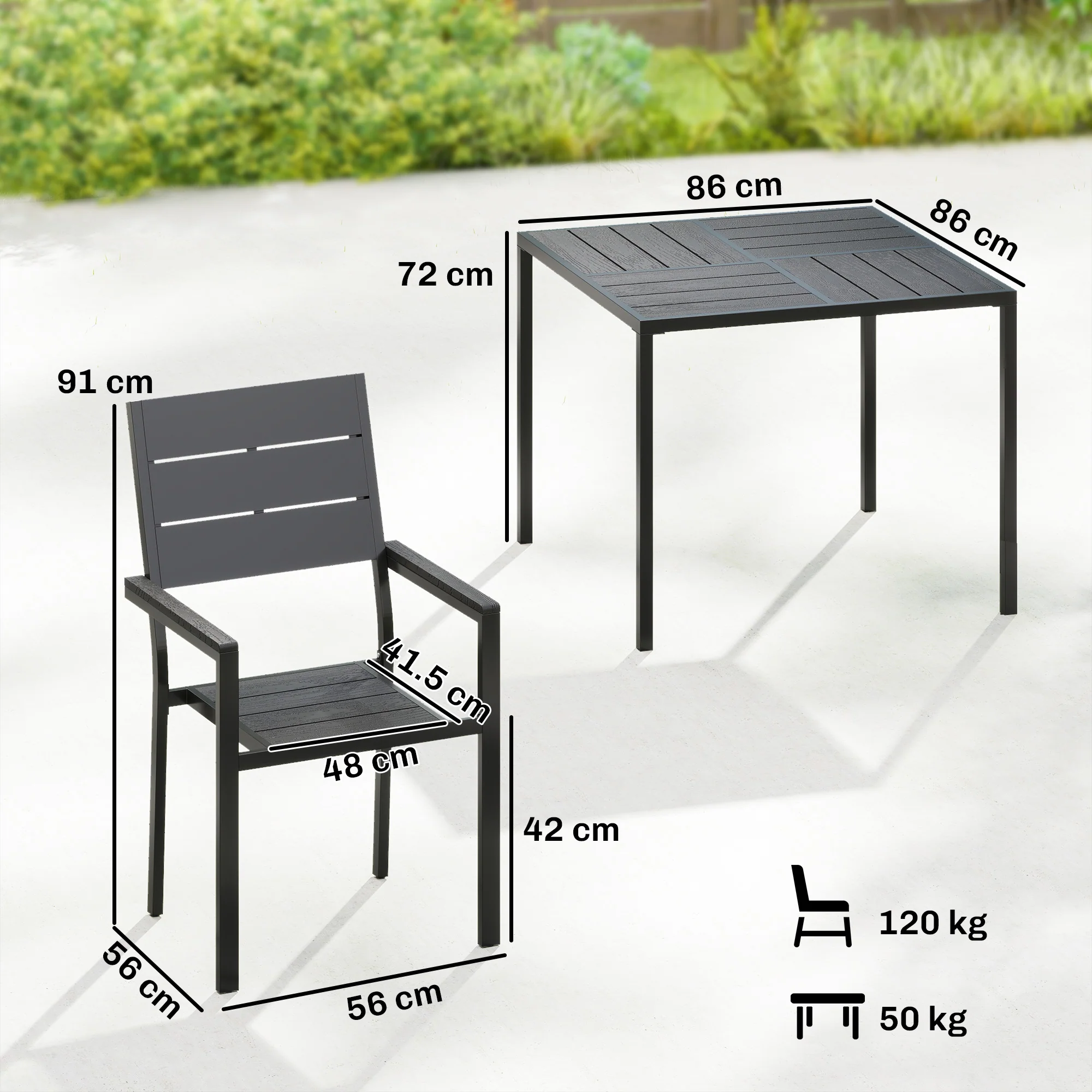 5-Piece Garden Dining Set, Square HDPE Table and Armrest Chairs for 4, Black - Image 5