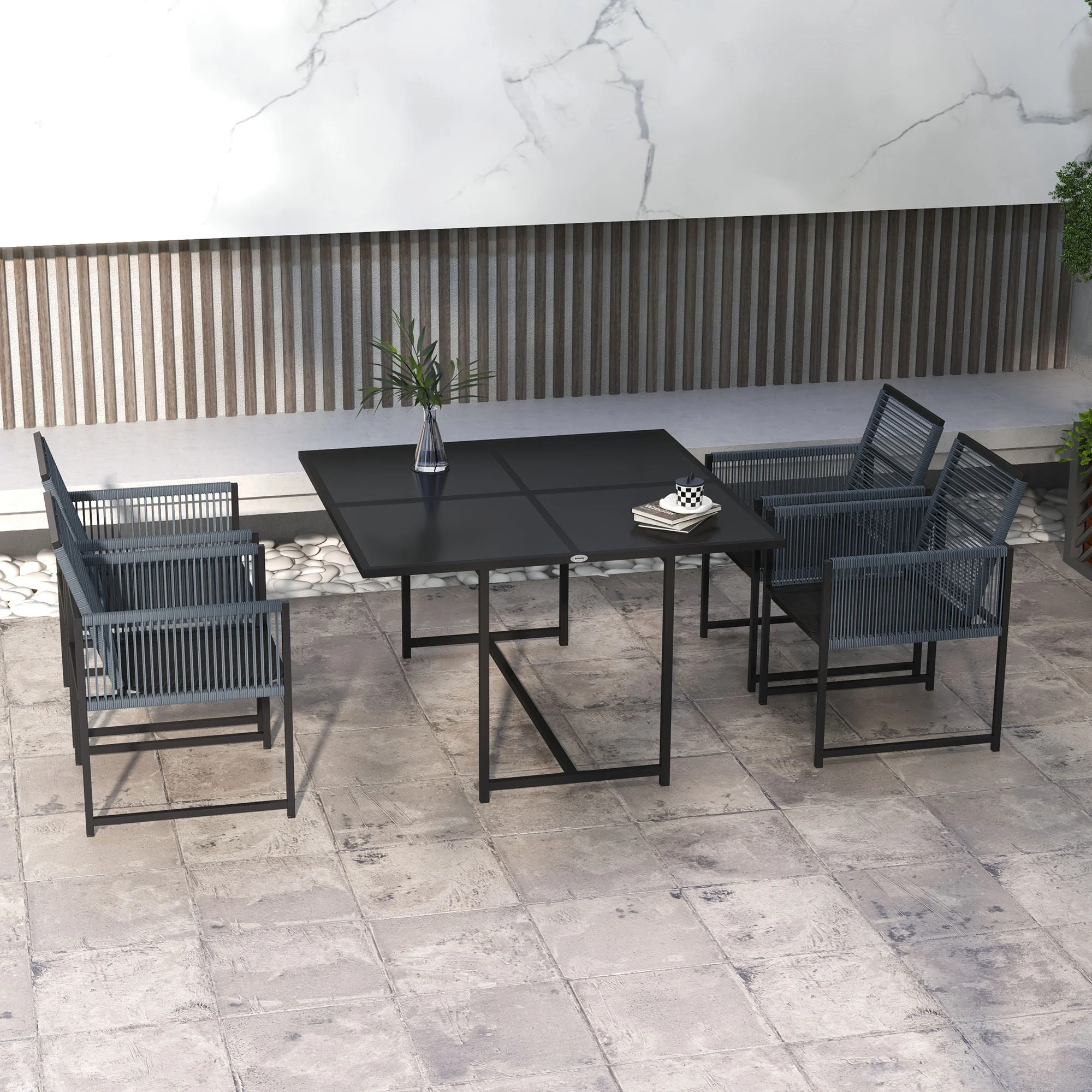5 Pieces Garden Dining Set, Outdoor Patio Cube Set, 4 Seater Outdoor Table and Chairs with Foldable Backrest, Tempered Glass Top, Handwoven Rope for Poolside, Space-Saving, Dark Grey - Image 3