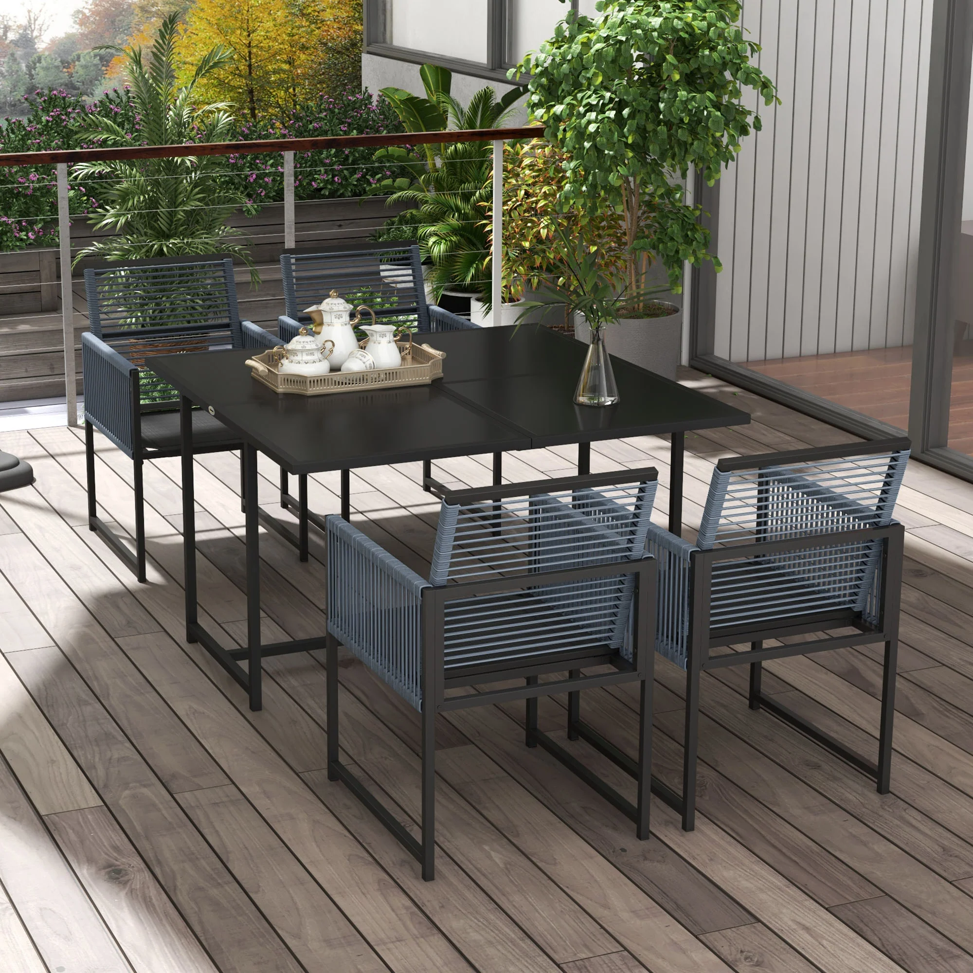 5 Pieces Garden Dining Set, Outdoor Patio Cube Set, 4 Seater Outdoor Table and Chairs with Foldable Backrest, Tempered Glass Top, Handwoven Rope for Poolside, Space-Saving, Dark Grey - Image 4