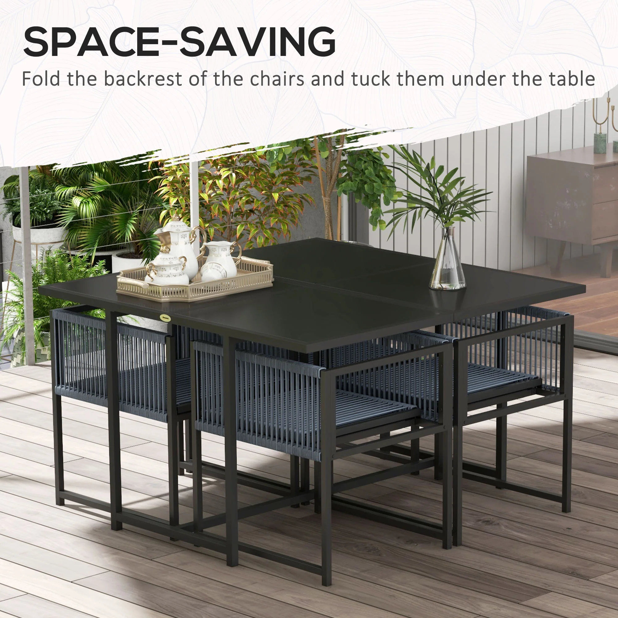 5 Pieces Garden Dining Set, Outdoor Patio Cube Set, 4 Seater Outdoor Table and Chairs with Foldable Backrest, Tempered Glass Top, Handwoven Rope for Poolside, Space-Saving, Dark Grey - Image 6
