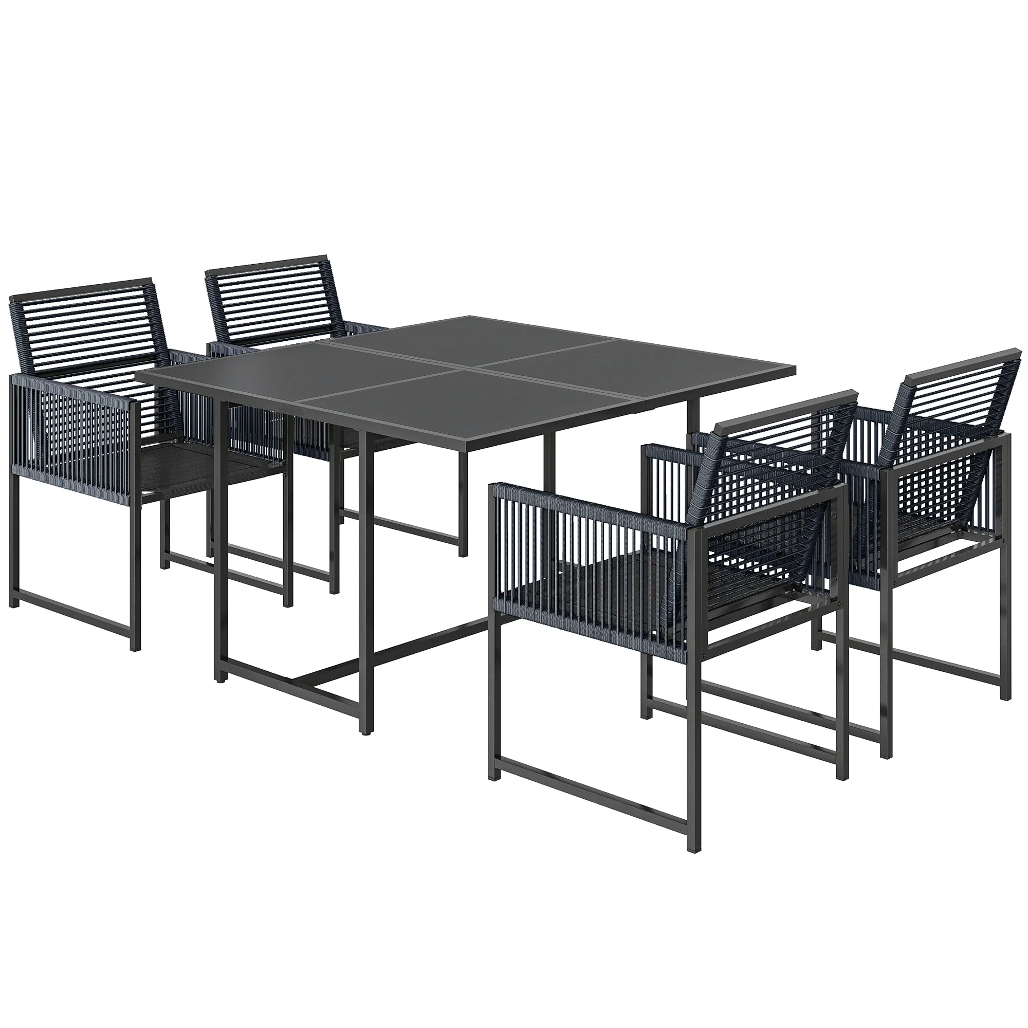 5-Piece Dark Grey Rattan Dining Set with Tempered Glass Top & Foldable Chairs - Image 2