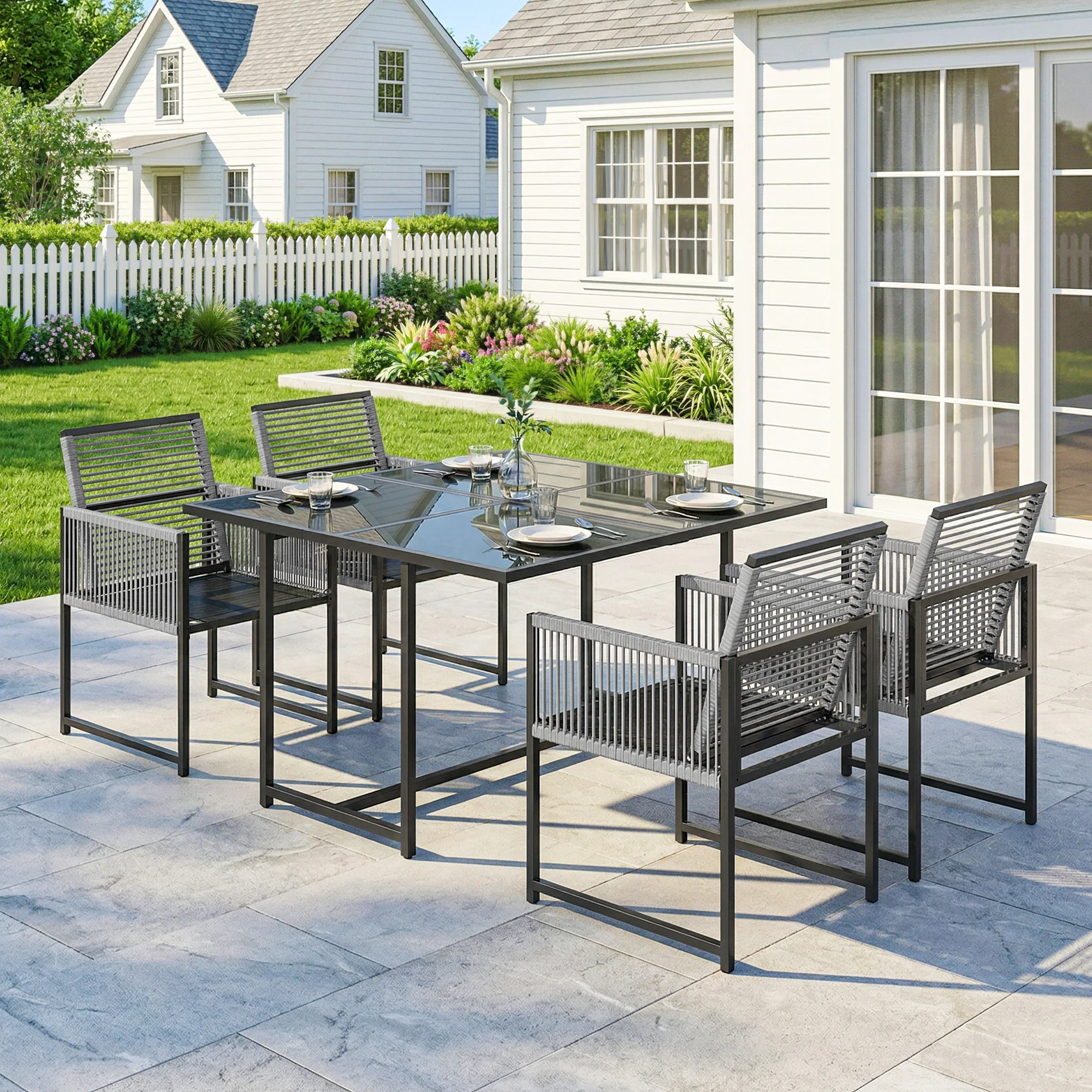 5-Piece Light Grey Outdoor Dining Set with Tempered Glass Top, Foldable Chairs - Image 3