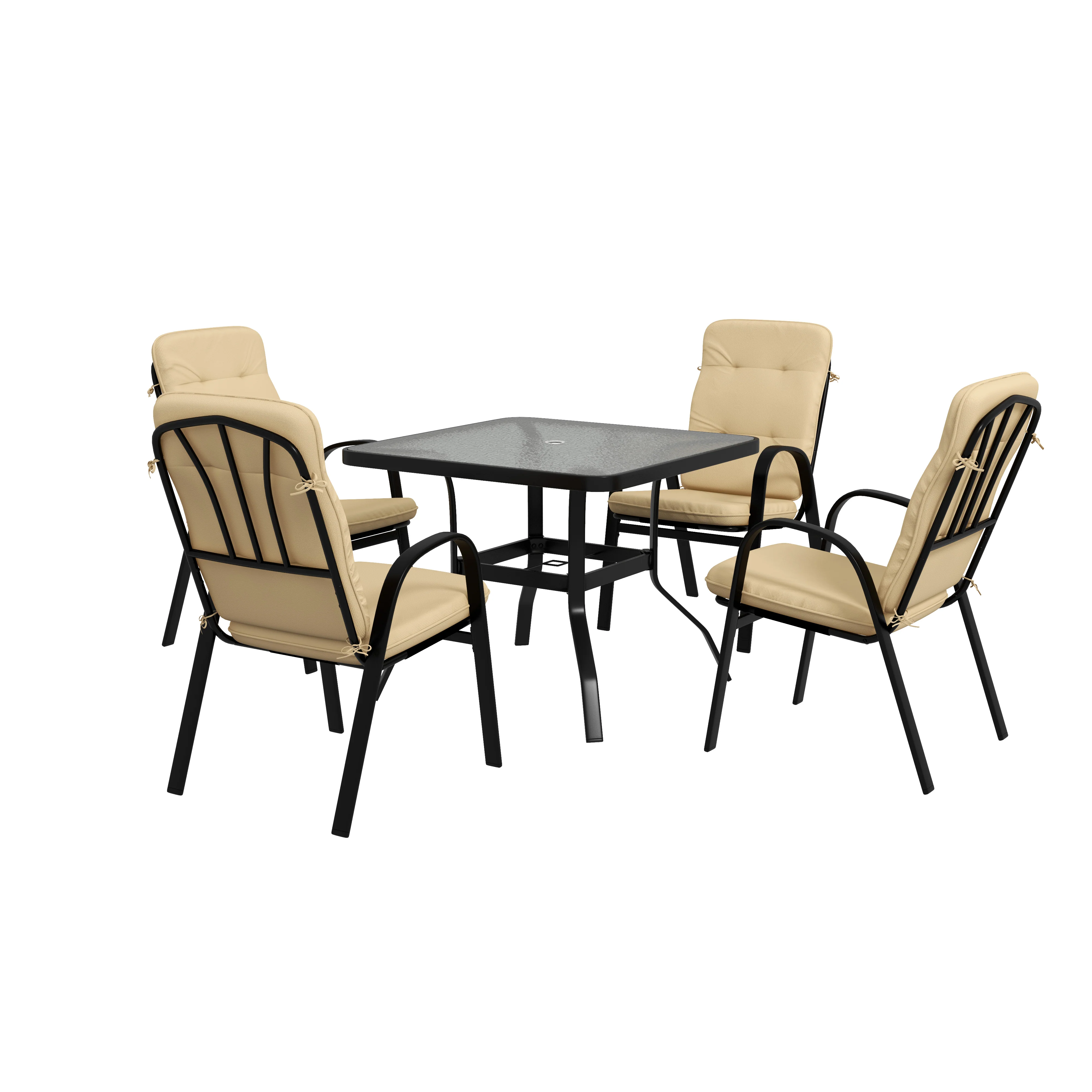 5 Piece Garden Dining Set with Square Glass Table & 4 Cushioned Chairs, Beige - Image 12