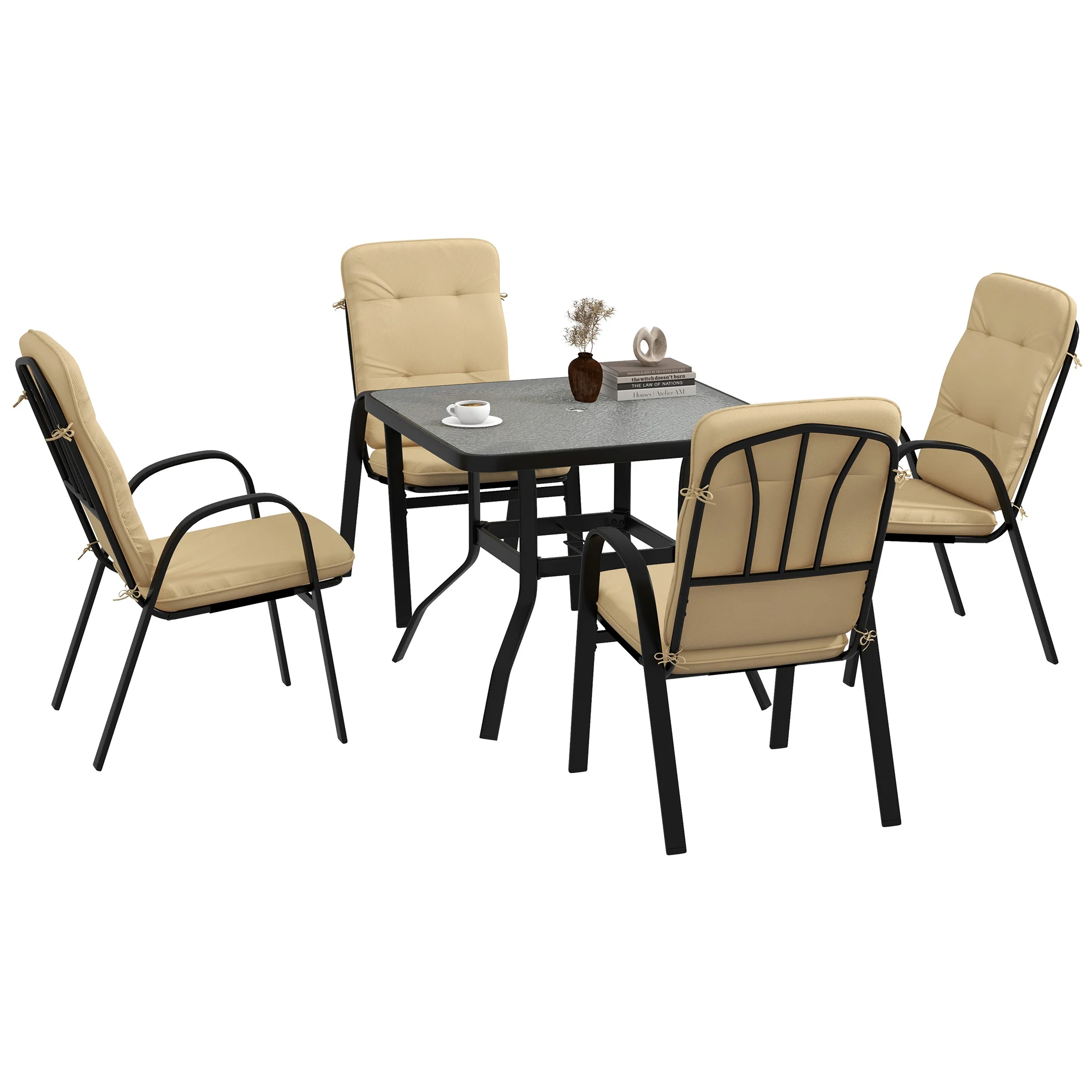5 Piece Garden Dining Set with Square Glass Table & 4 Cushioned Chairs, Beige - Image 2