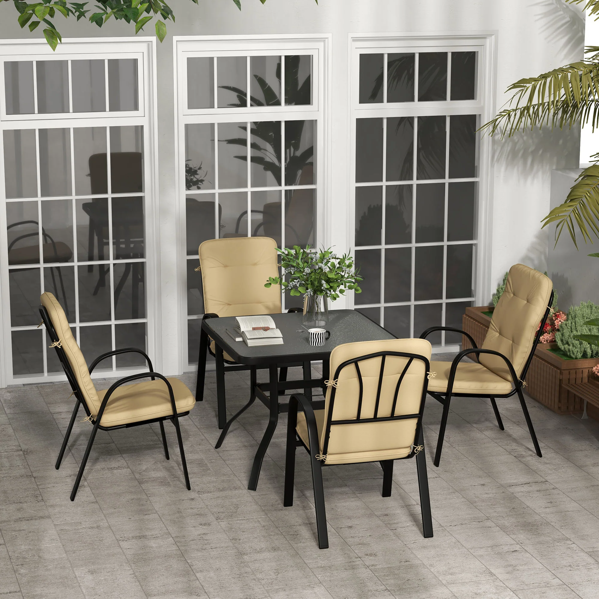 5 Piece Garden Dining Set with Square Glass Table & 4 Cushioned Chairs, Beige - Image 3