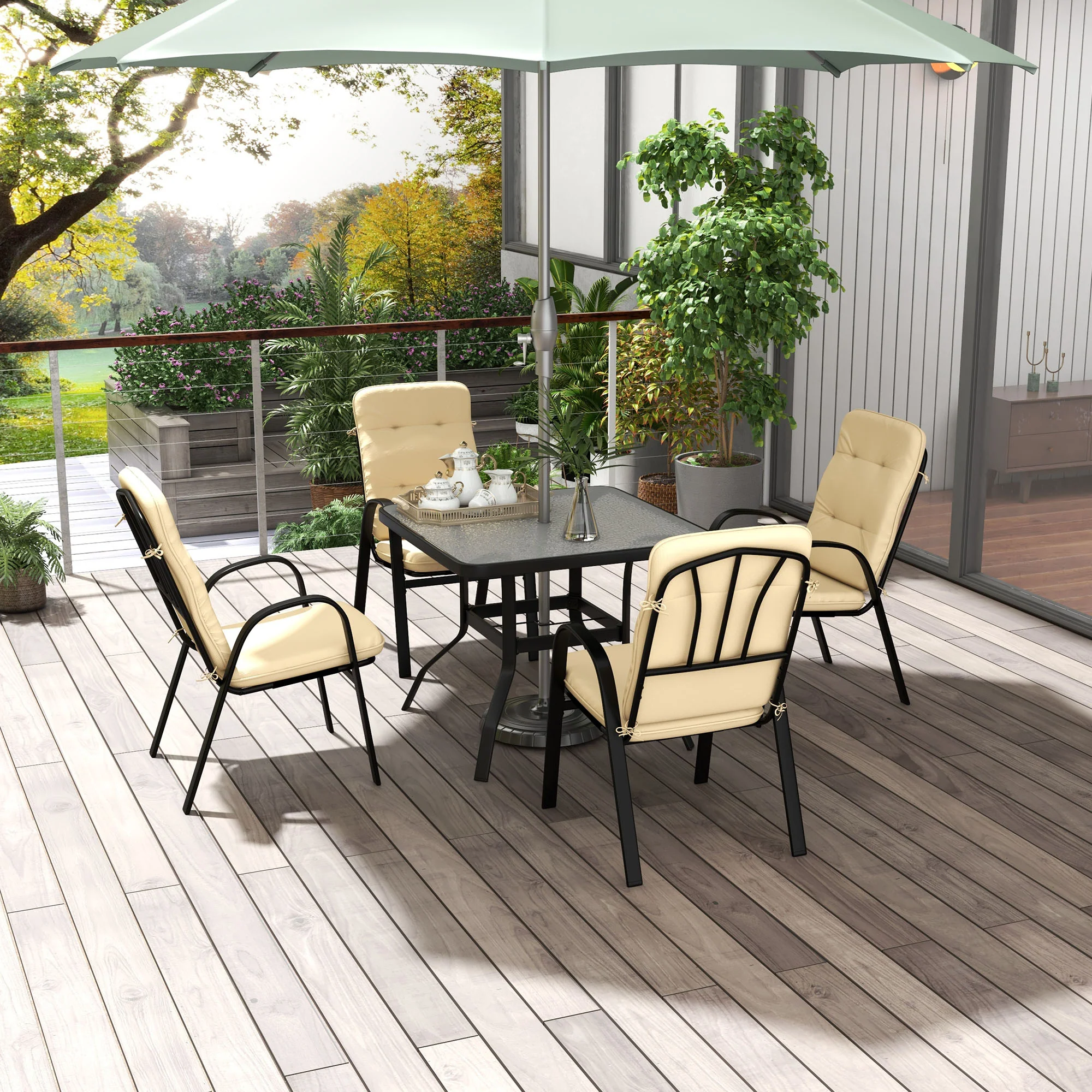 5 Piece Garden Dining Set with Square Glass Table & 4 Cushioned Chairs, Beige - Image 4