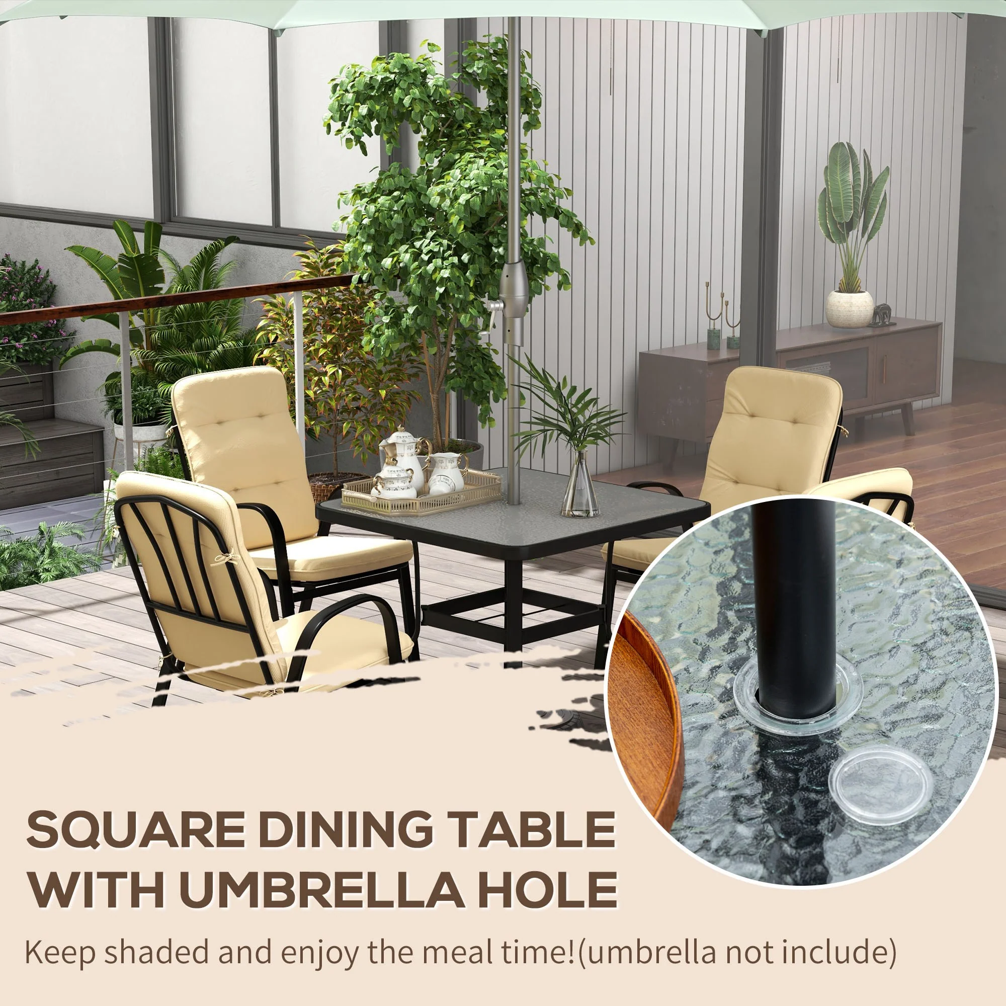 5 Piece Garden Dining Set with Square Glass Table & 4 Cushioned Chairs, Beige - Image 6