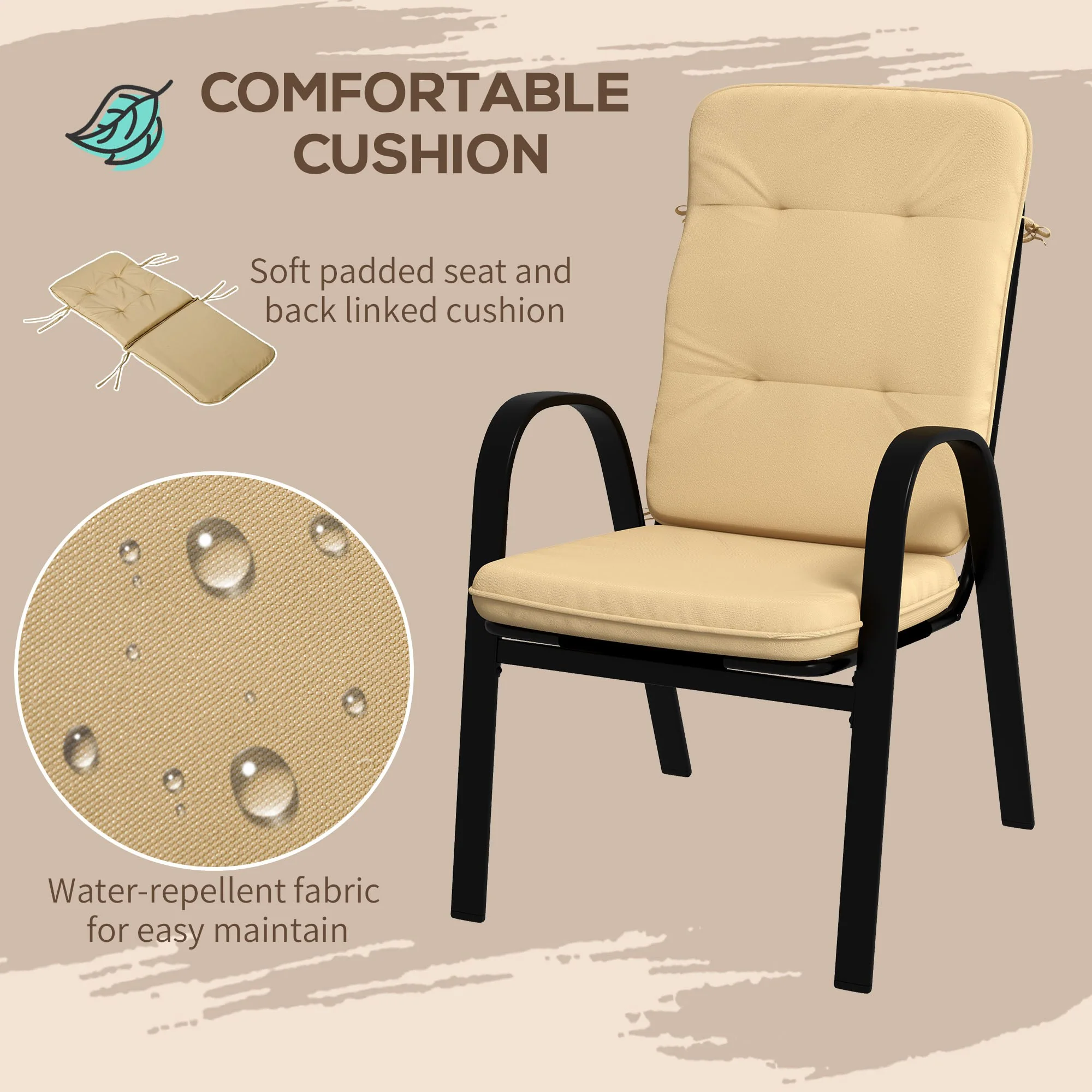 5 Piece Garden Dining Set with Square Glass Table & 4 Cushioned Chairs, Beige - Image 7