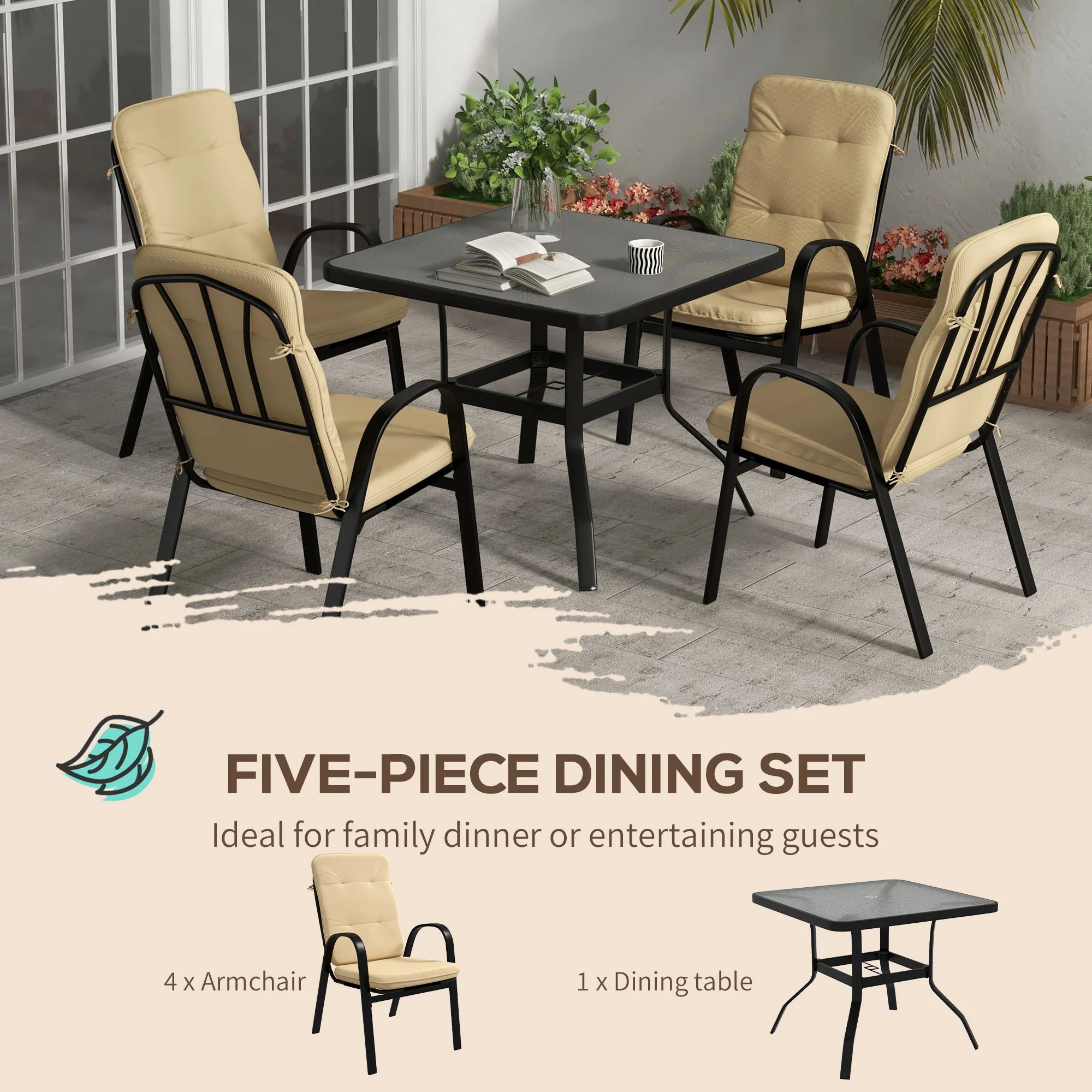 5 Piece Garden Dining Set with Square Glass Table & 4 Cushioned Chairs, Beige - Image 8