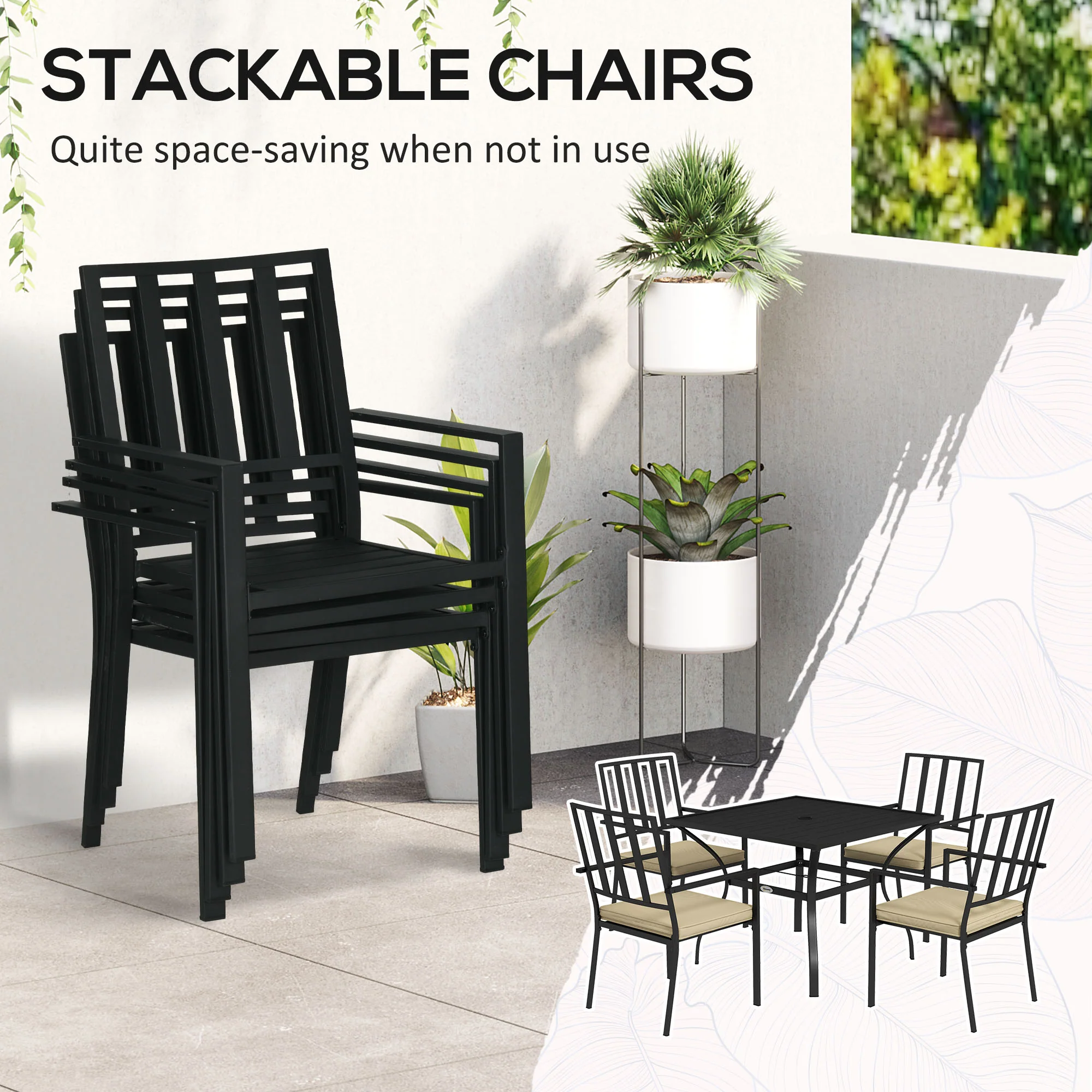 5 Pieces Garden Dining Set with Cushions, Outdoor Patio Table and 4 Stackable Chairs, Metal Top Table with Umbrella Hole, Black - Image 6