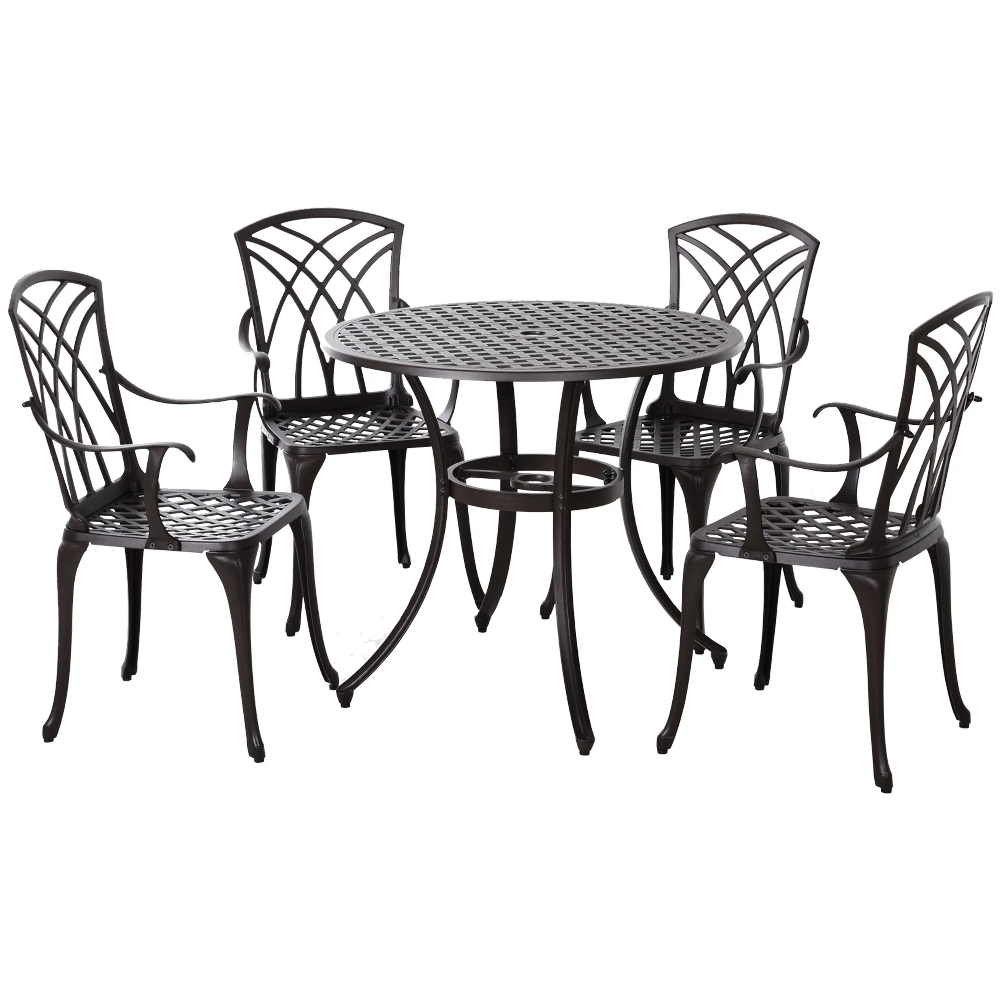 5 Pieces Outdoor Dining Set with Parasol Hole for 4, Aluminium Patio Table & Chairs, Brown