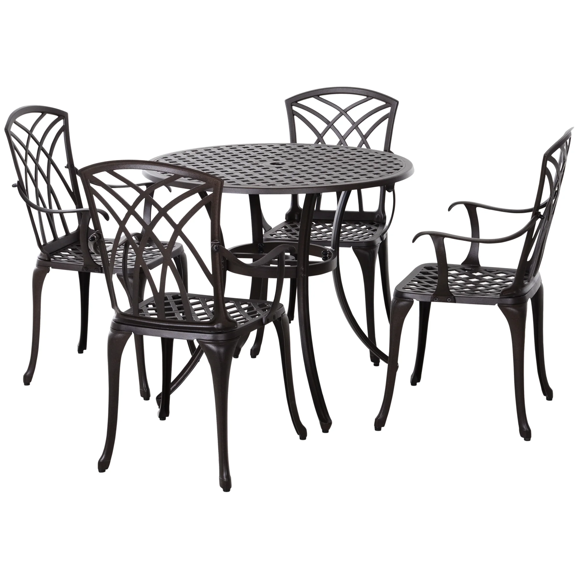 5 Pieces Outdoor Dining Set with Parasol Hole for 4, Aluminium Patio Table & Chairs, Brown - Image 2