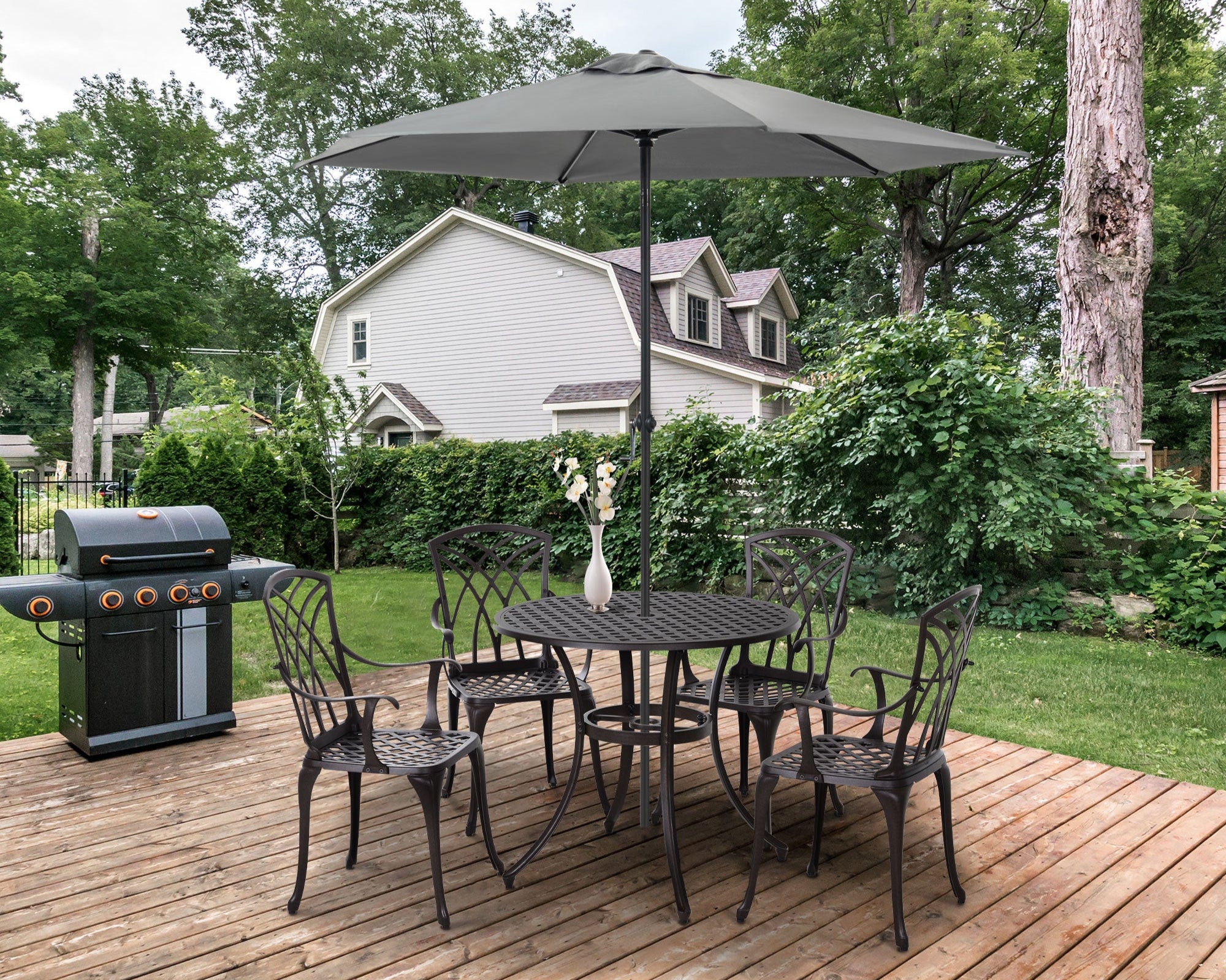 5 Pieces Outdoor Dining Set with Parasol Hole for 4, Aluminium Patio Table & Chairs, Brown - Image 3