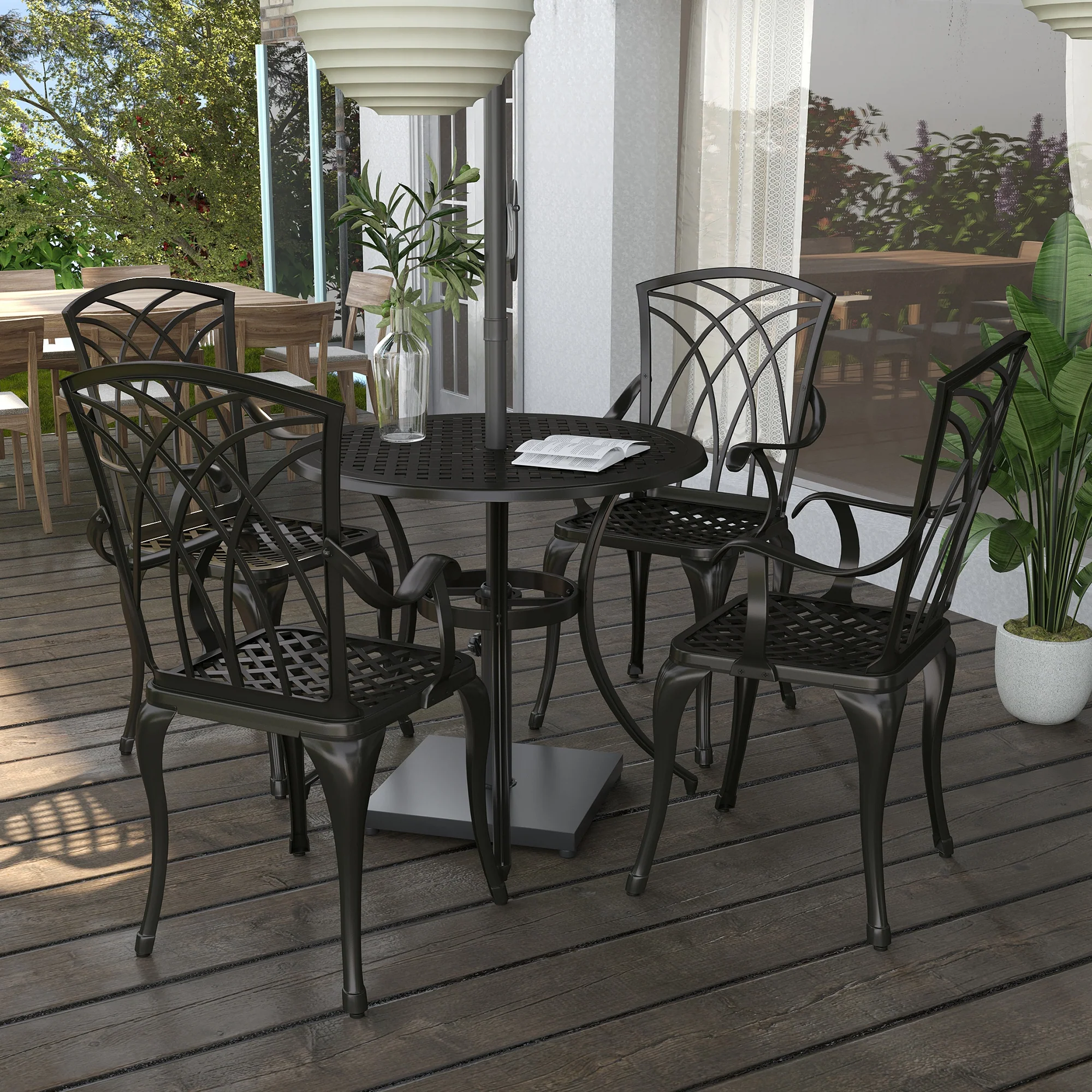 5 Pieces Outdoor Dining Set with Parasol Hole for 4, Aluminium Patio Table & Chairs, Brown - Image 4
