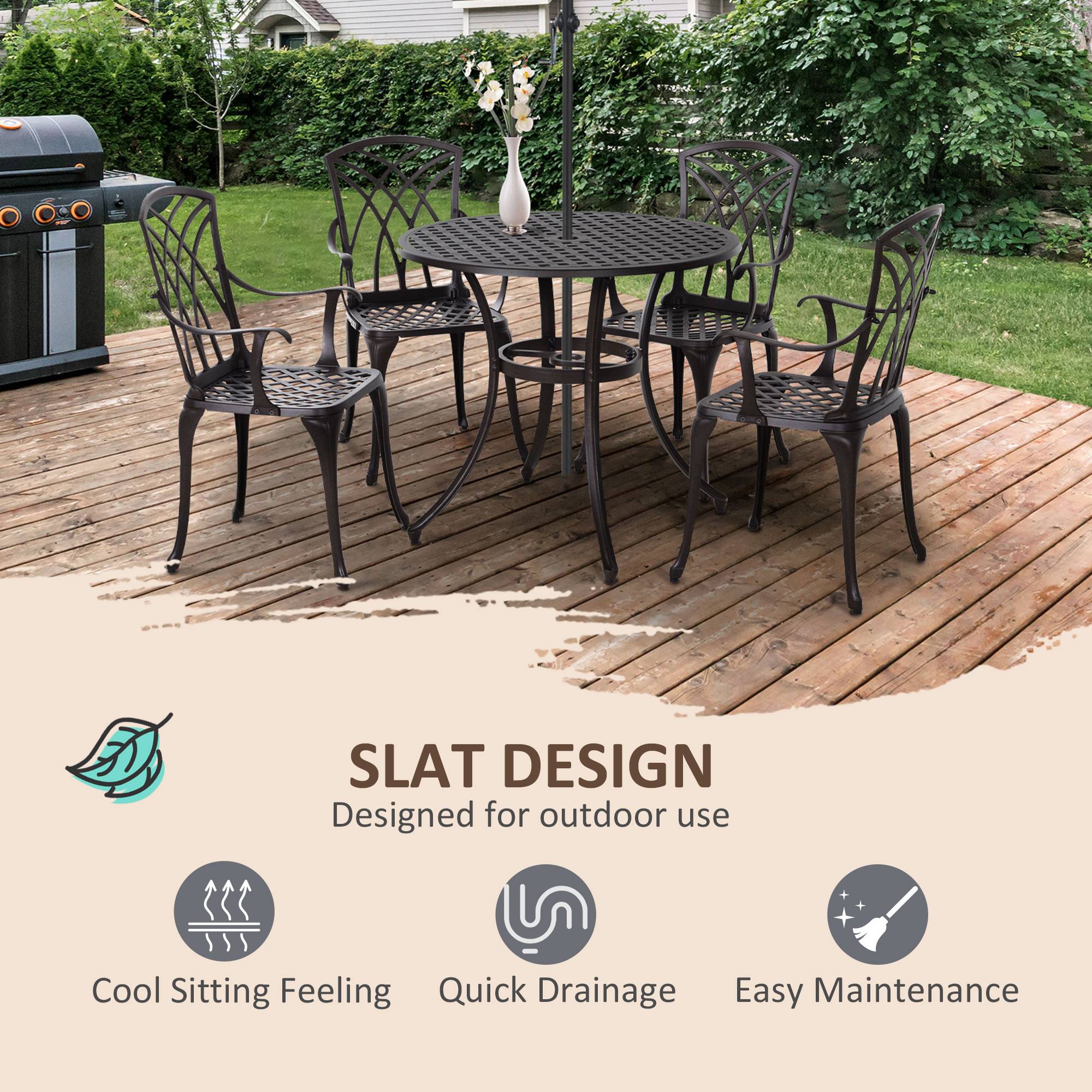 5 Pieces Outdoor Dining Set with Parasol Hole for 4, Aluminium Patio Table & Chairs, Brown - Image 8