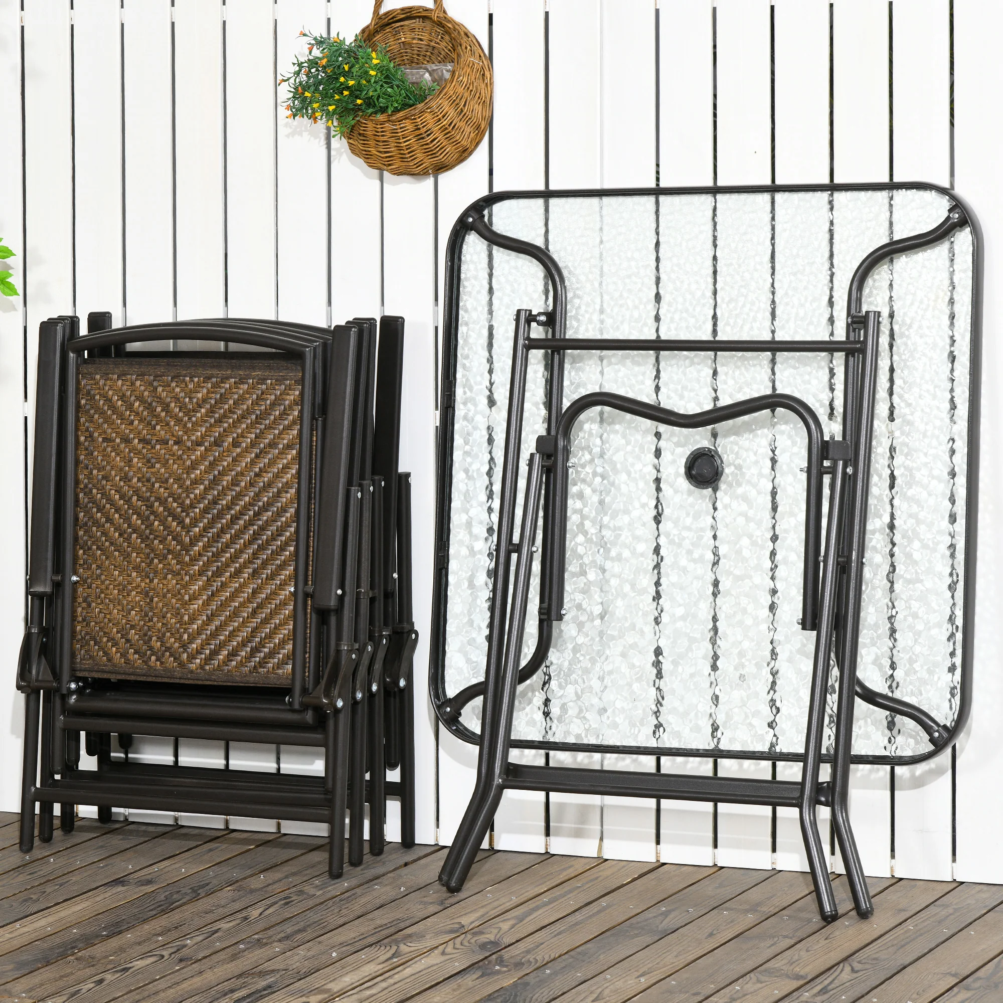 5 Pieces Outdoor Dining Set for 4 with Umbrella Hole, Tempered Glass Top, Dark Brown - Image 4