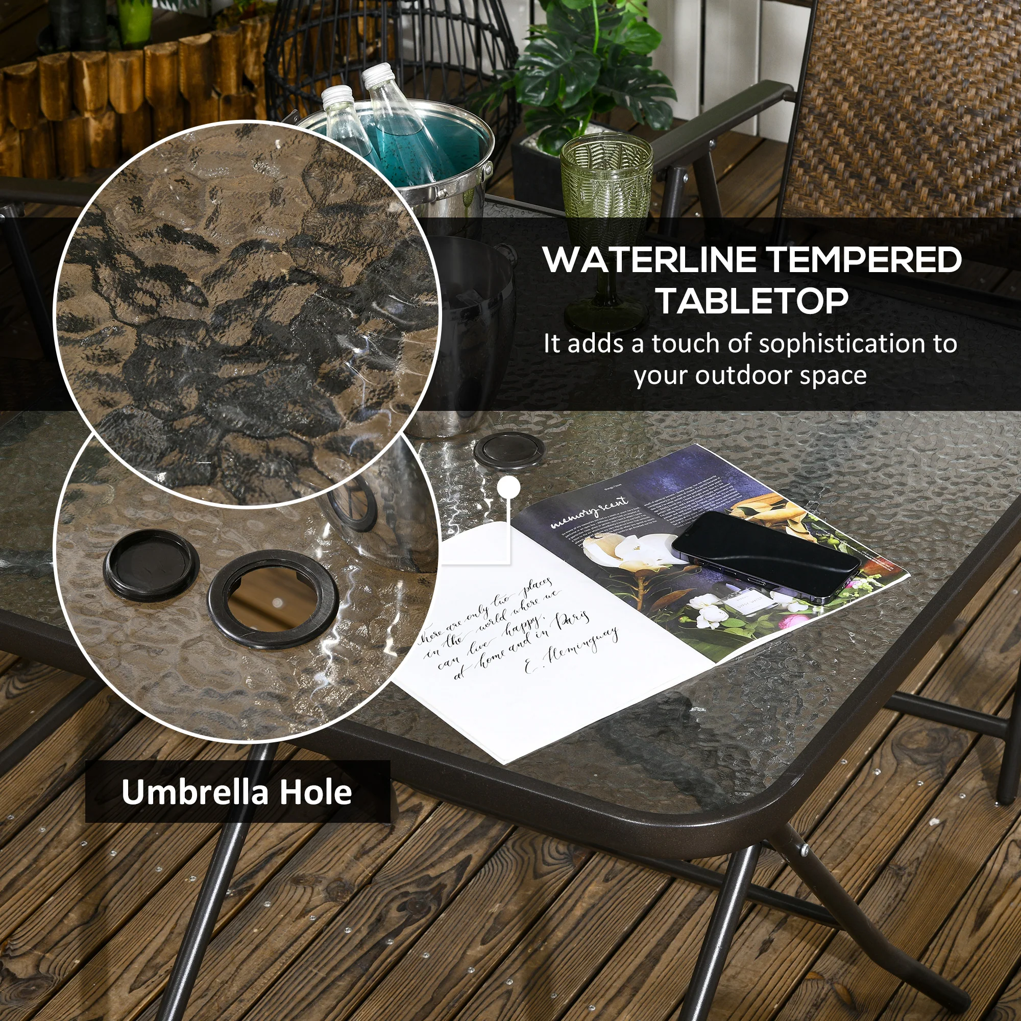5 Pieces Outdoor Dining Set for 4 with Umbrella Hole, Tempered Glass Top, Dark Brown - Image 8