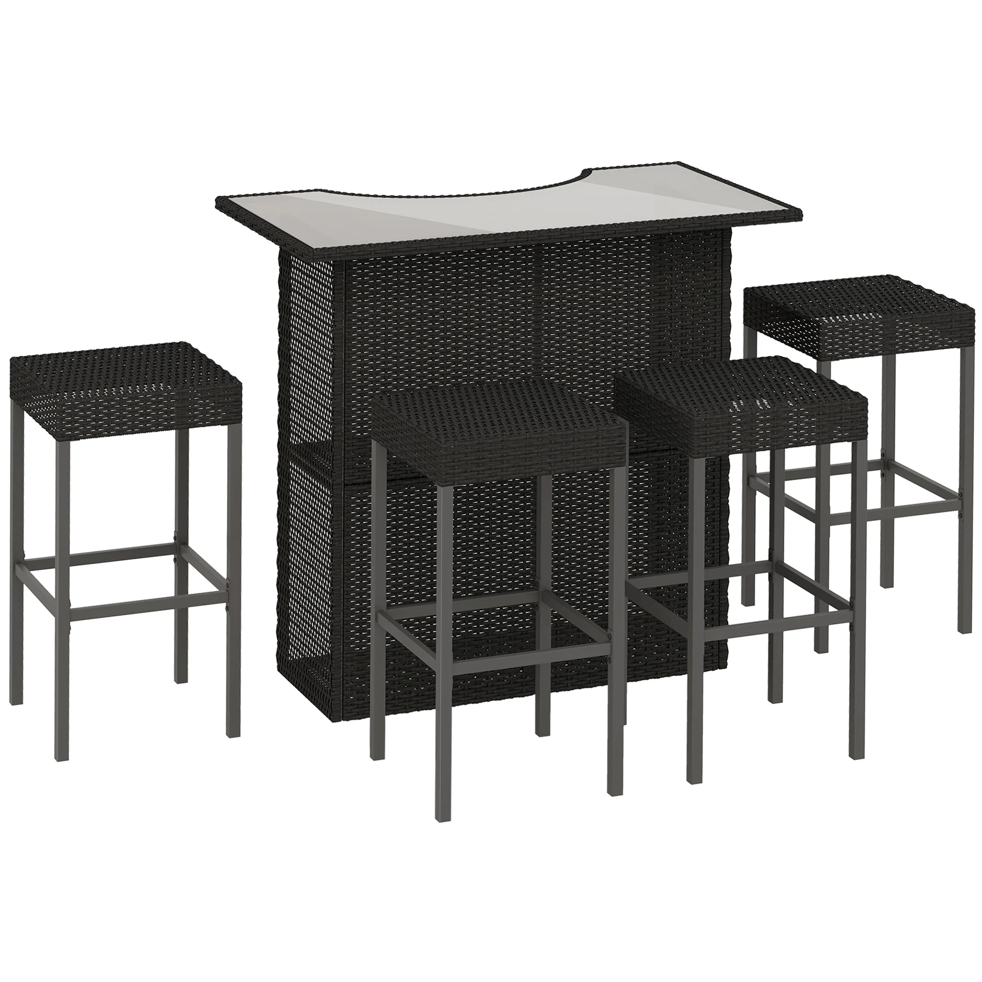 5 Pieces Outdoor Bar Set, PE Rattan Wicker Table w/ Tempered Glass Top & Shelves, Black