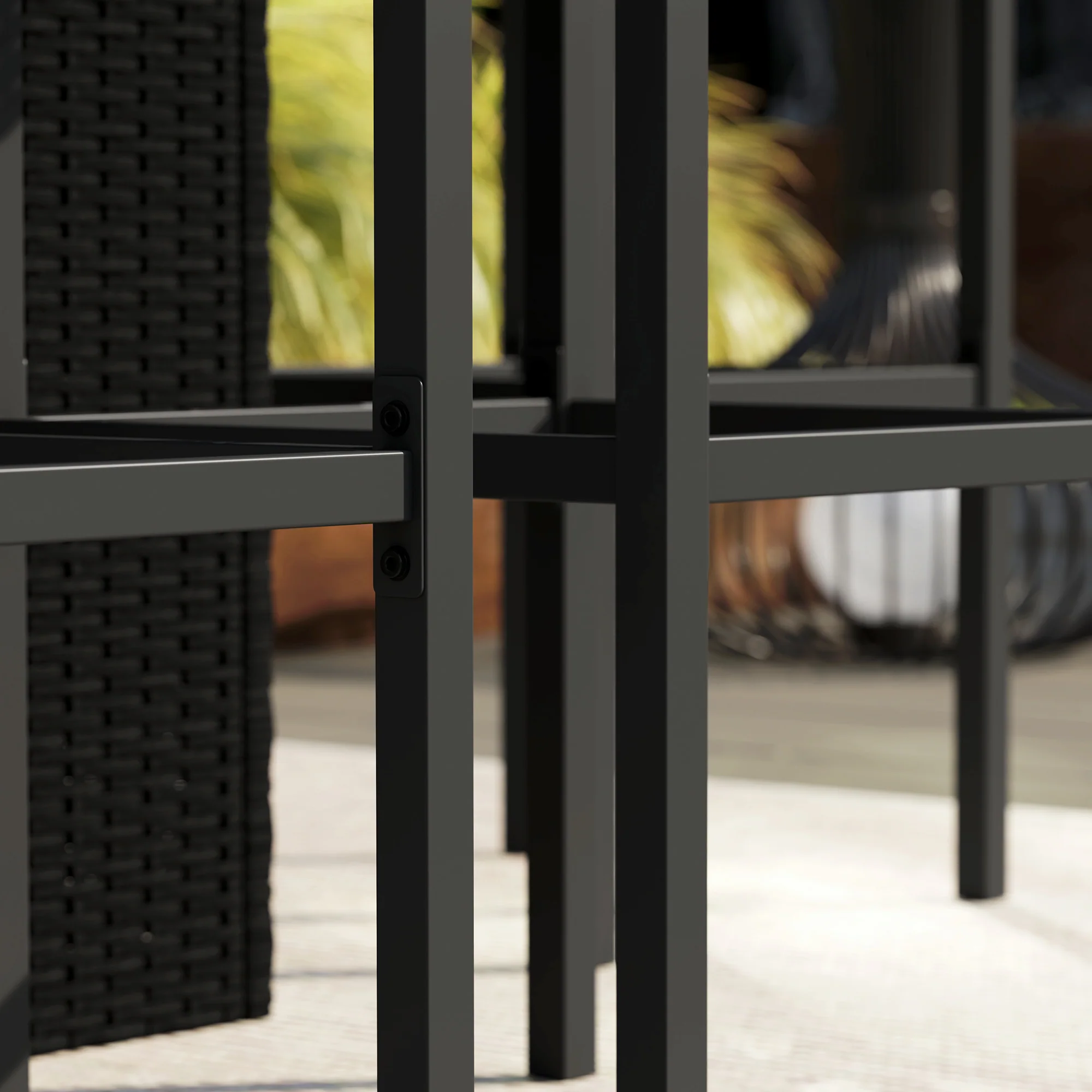 5 Pieces Outdoor Bar Set, PE Rattan Wicker Table w/ Tempered Glass Top & Shelves, Black - Image 11