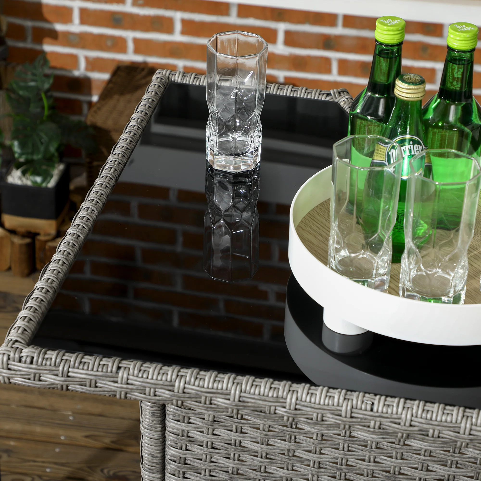 5 Pieces Outdoor Bar Set, PE Rattan Wicker Table w/ Tempered Glass Top & Shelves, Grey - Image 11