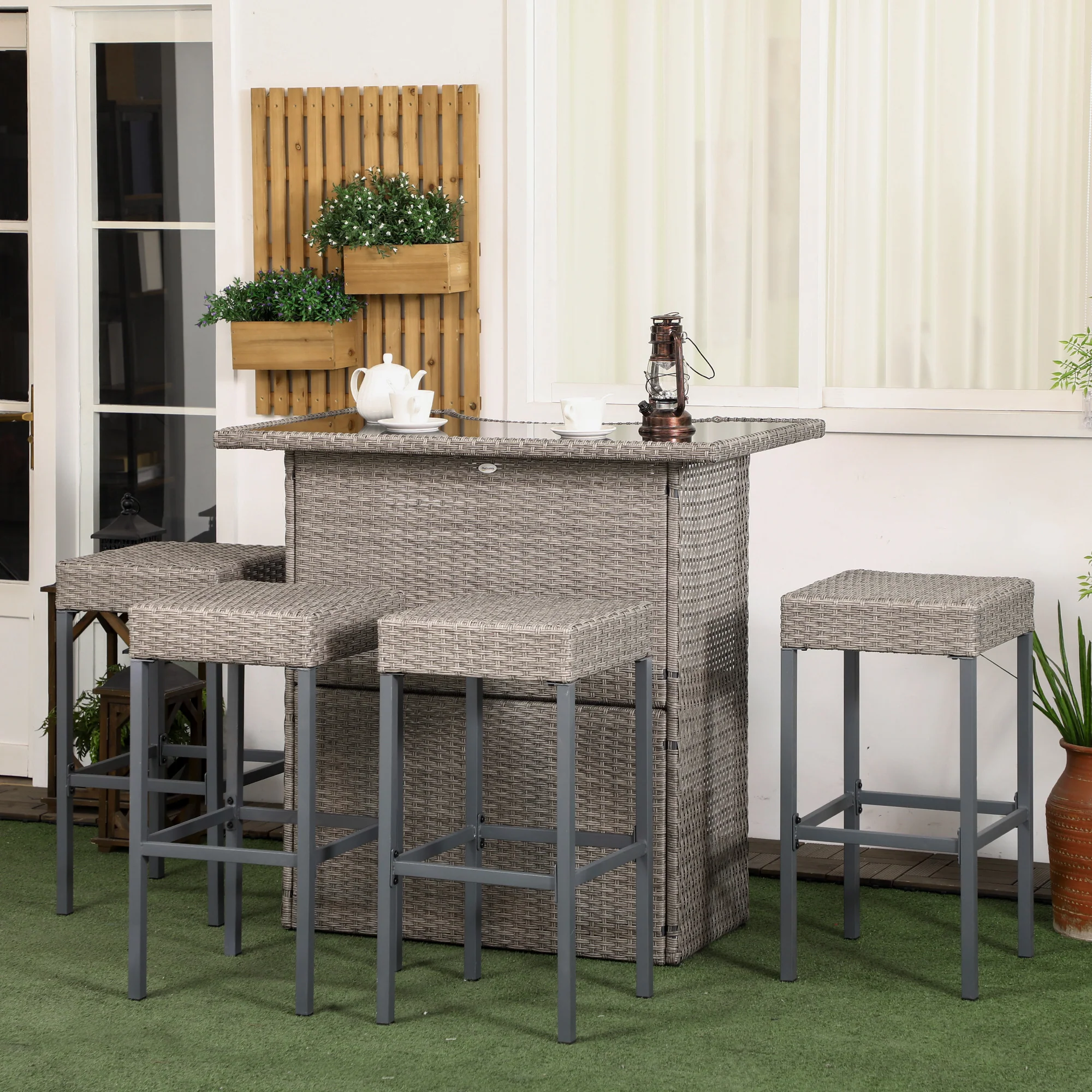 5 Pieces Outdoor Bar Set, PE Rattan Wicker Table w/ Tempered Glass Top & Shelves, Grey - Image 3