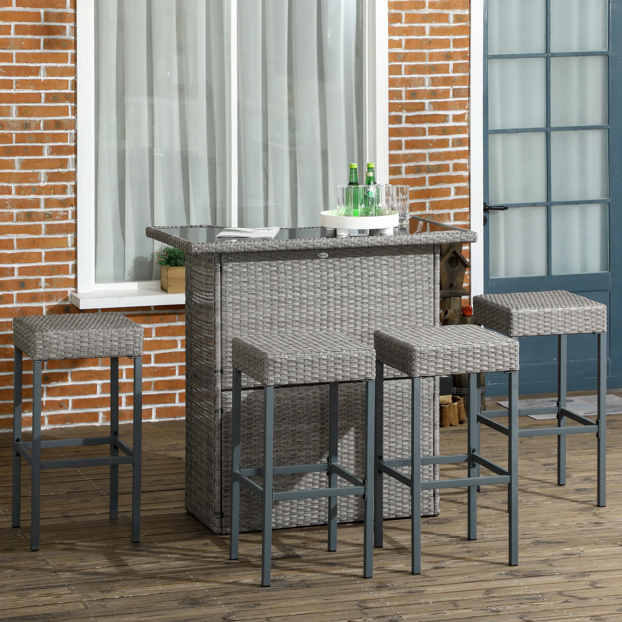 5 Pieces Outdoor Bar Set, PE Rattan Wicker Table w/ Tempered Glass Top & Shelves, Grey - Image 4