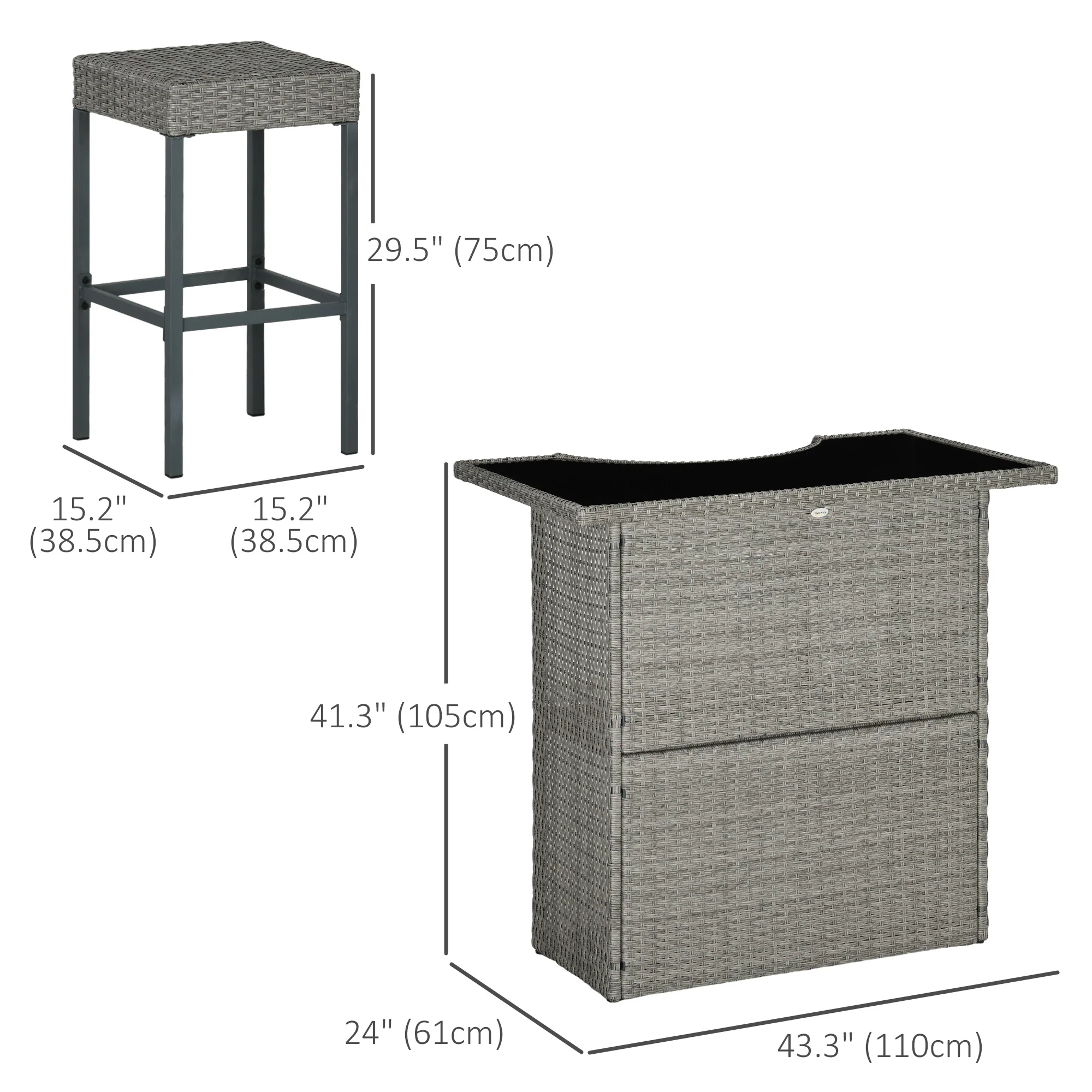5 Pieces Outdoor Bar Set, PE Rattan Wicker Table w/ Tempered Glass Top & Shelves, Grey - Image 5