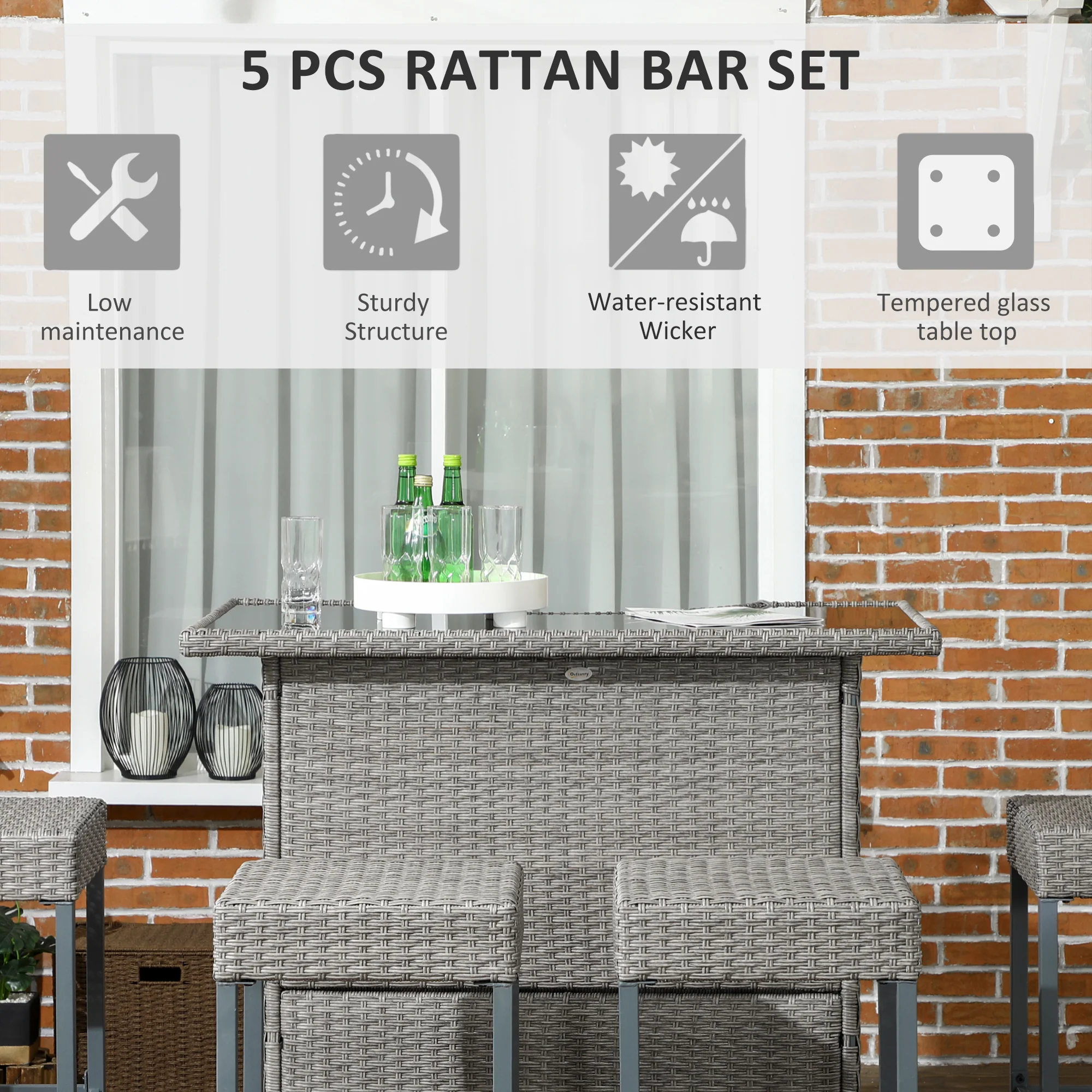 5 Pieces Outdoor Bar Set, PE Rattan Wicker Table w/ Tempered Glass Top & Shelves, Grey - Image 6