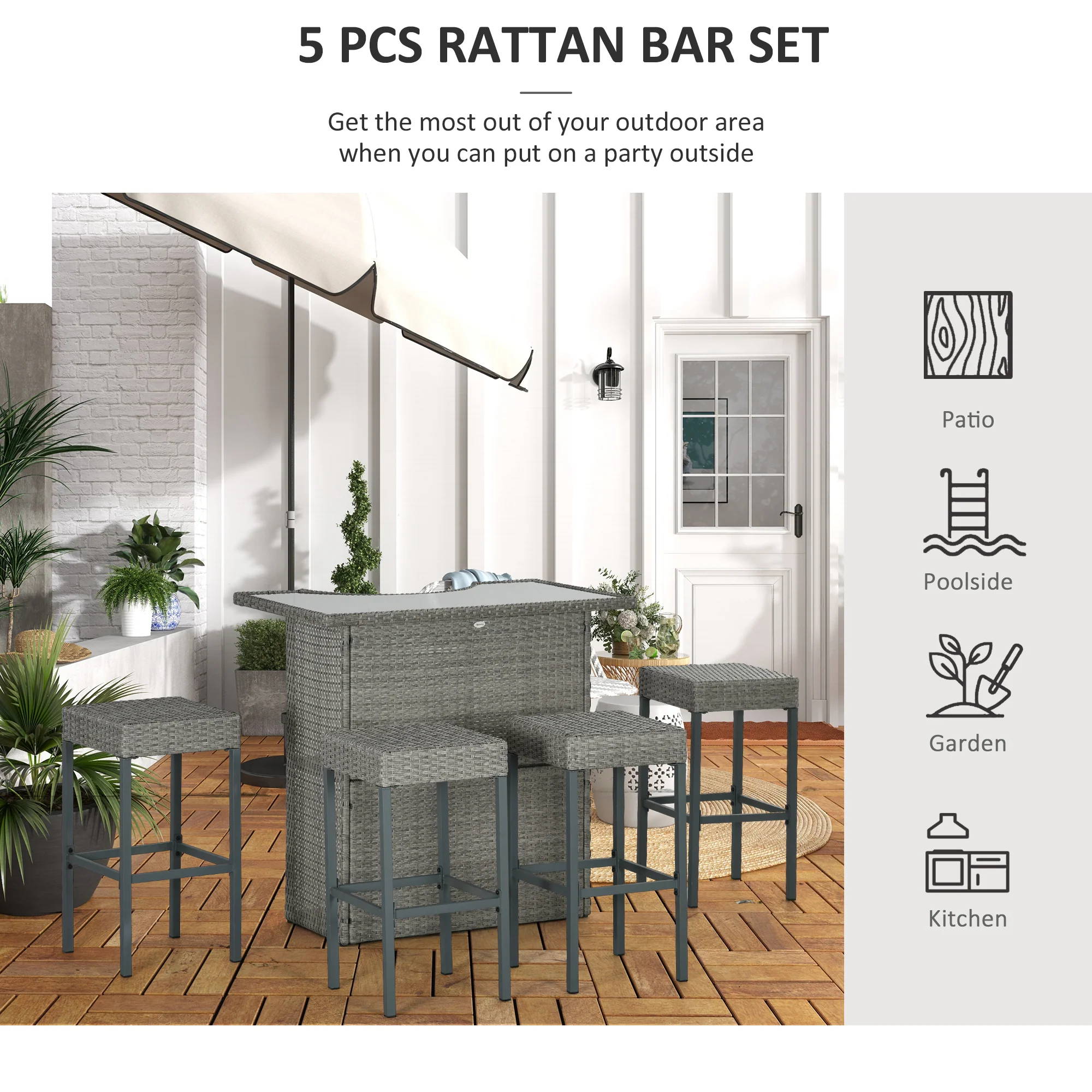5 Pieces Outdoor Bar Set, PE Rattan Wicker Table w/ Tempered Glass Top & Shelves, Grey - Image 8