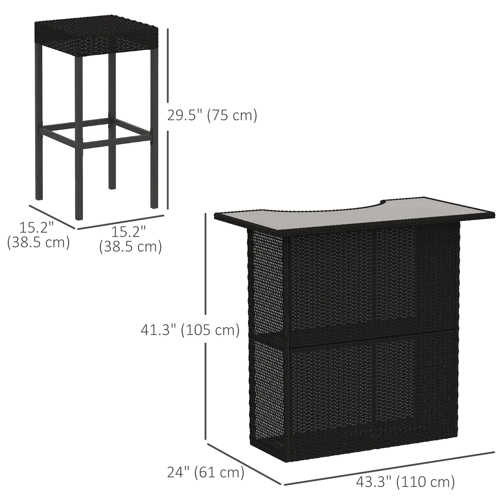5 Pieces Outdoor Bar Set, PE Rattan Wicker Table w/ Tempered Glass Top & Shelves, Black - Image 5