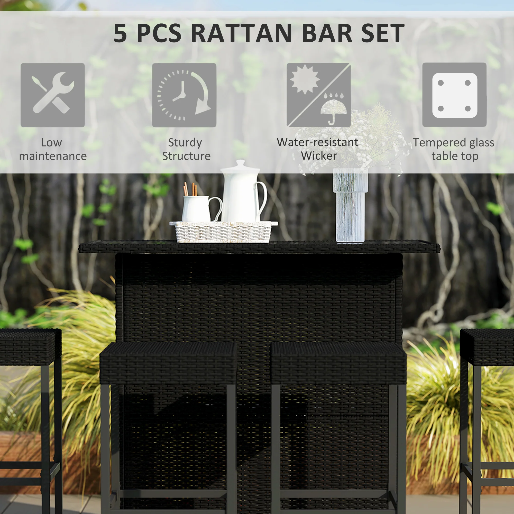 5 Pieces Outdoor Bar Set, PE Rattan Wicker Table w/ Tempered Glass Top & Shelves, Black - Image 6