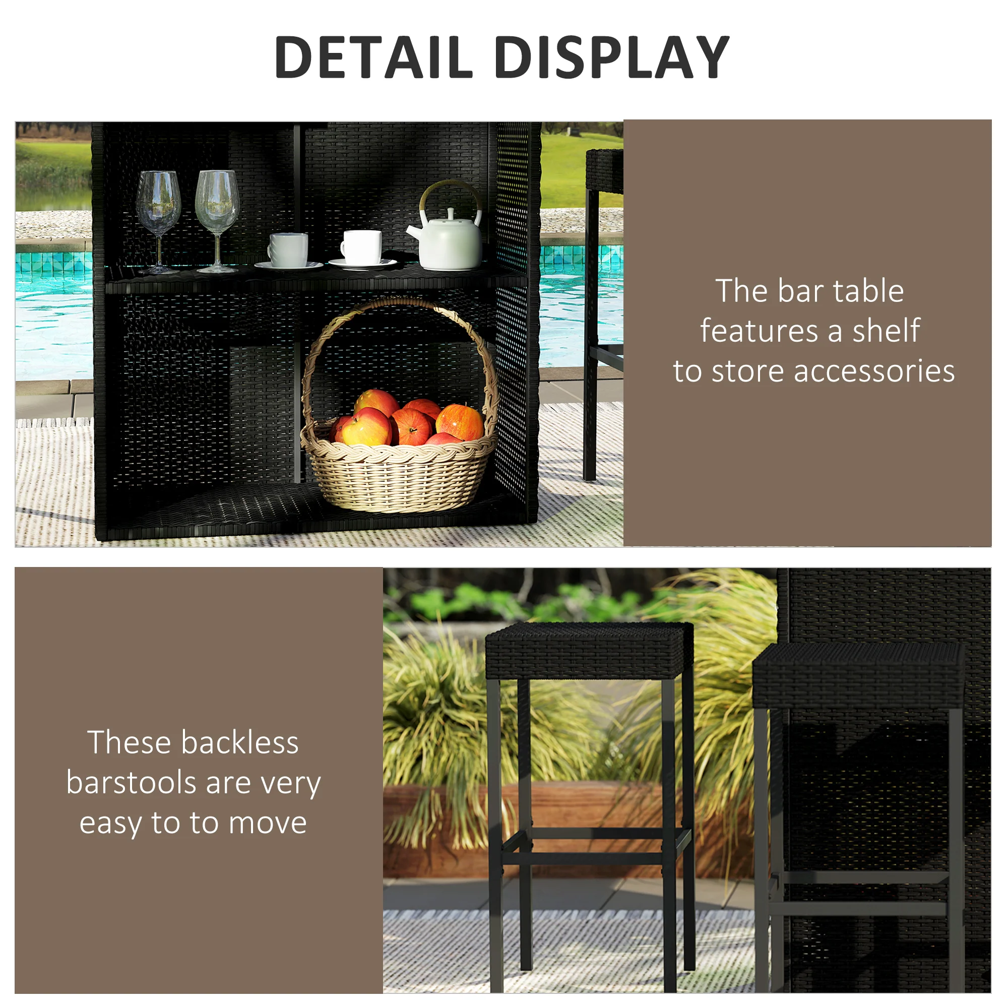 5 Pieces Outdoor Bar Set, PE Rattan Wicker Table w/ Tempered Glass Top & Shelves, Black - Image 7
