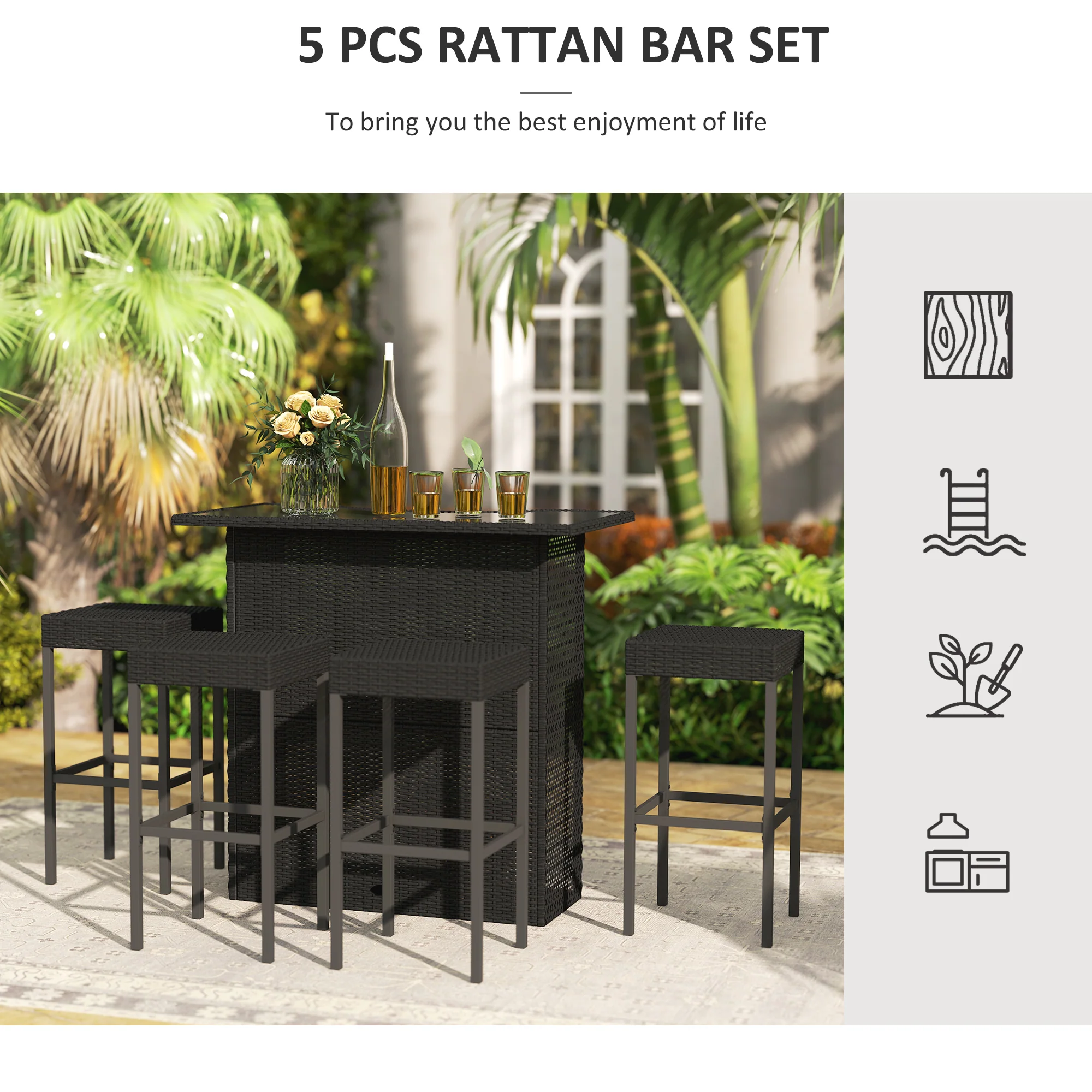 5 Pieces Outdoor Bar Set, PE Rattan Wicker Table w/ Tempered Glass Top & Shelves, Black - Image 8