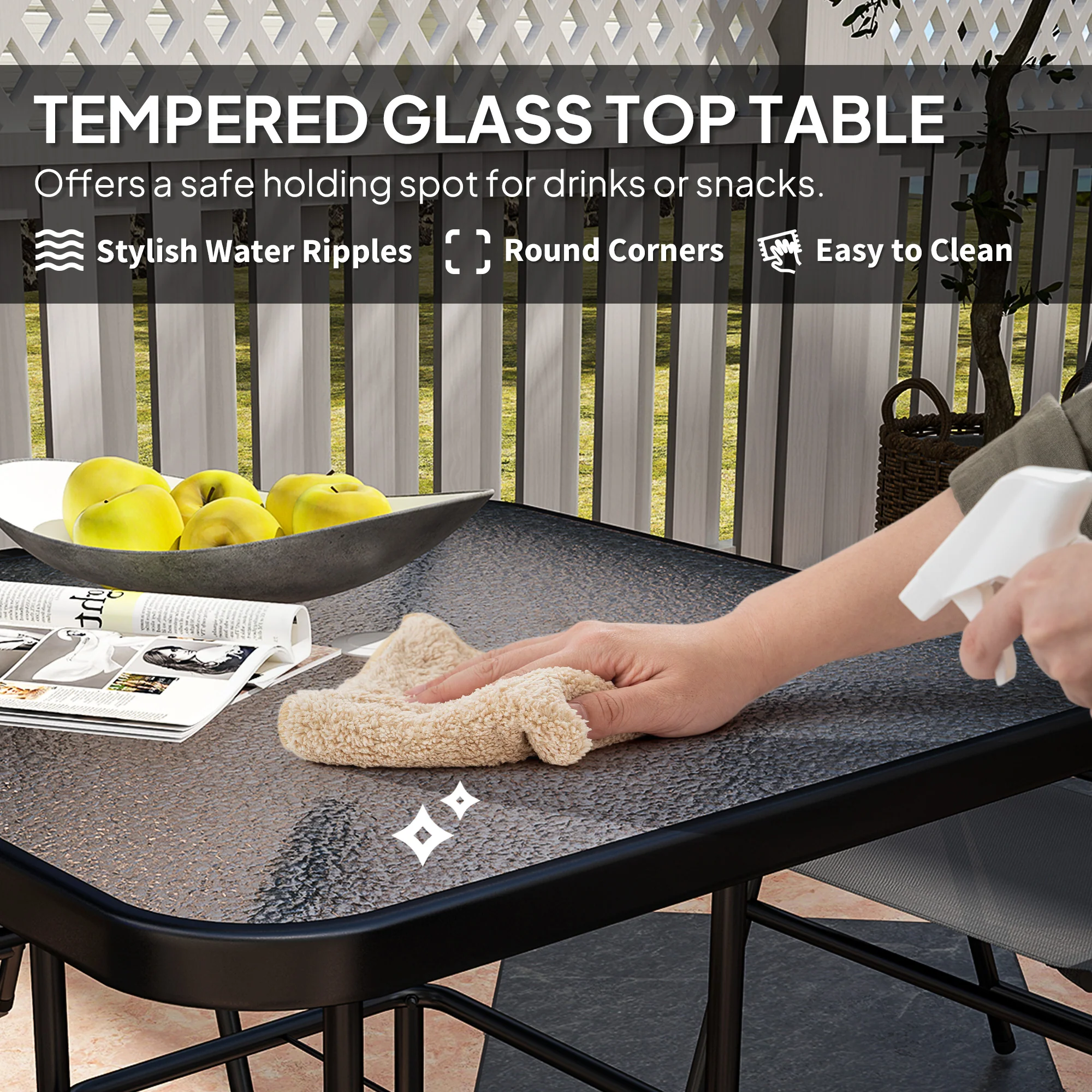 5 Pieces Outdoor Patio Dining Set w/ Glass Top Table & 4 Mesh Folding Chairs, Grey - Image 10