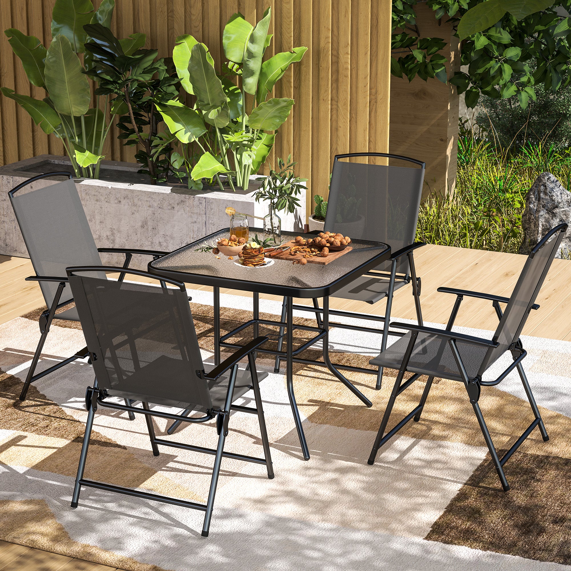 5 Pieces Outdoor Patio Dining Set w/ Glass Top Table & 4 Mesh Folding Chairs, Grey - Image 11