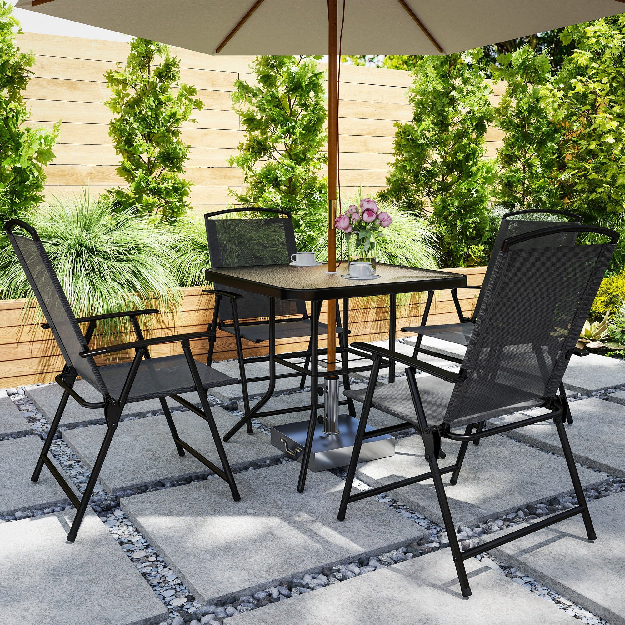 5 Pieces Outdoor Patio Dining Set w/ Glass Top Table & 4 Mesh Folding Chairs, Grey - Image 3
