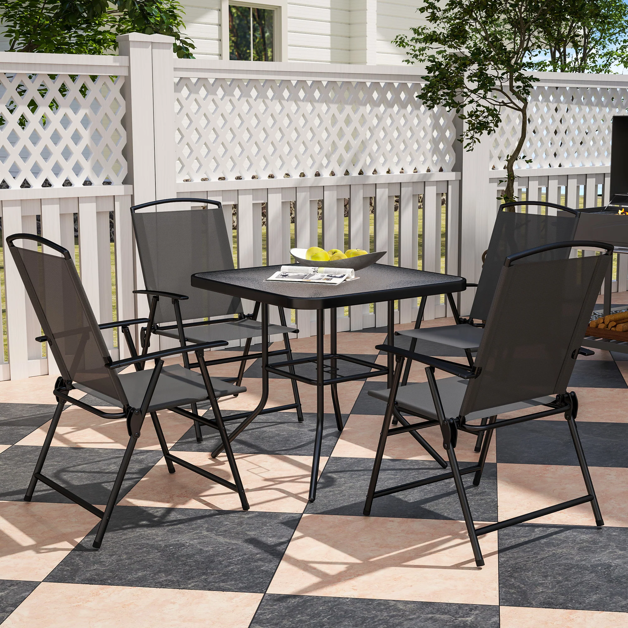 5 Pieces Outdoor Patio Dining Set w/ Glass Top Table & 4 Mesh Folding Chairs, Grey - Image 4
