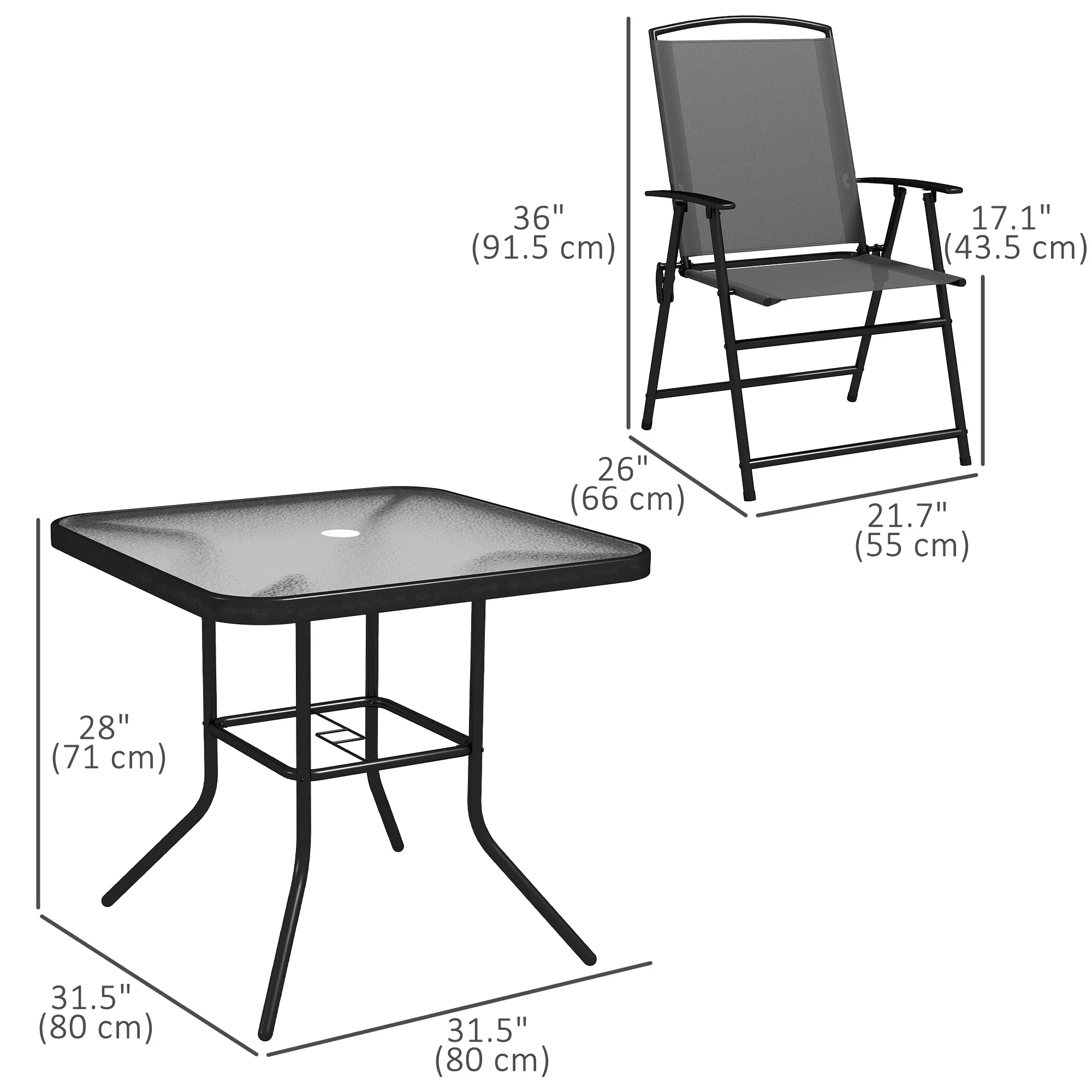 5 Pieces Outdoor Patio Dining Set w/ Glass Top Table & 4 Mesh Folding Chairs, Grey - Image 5
