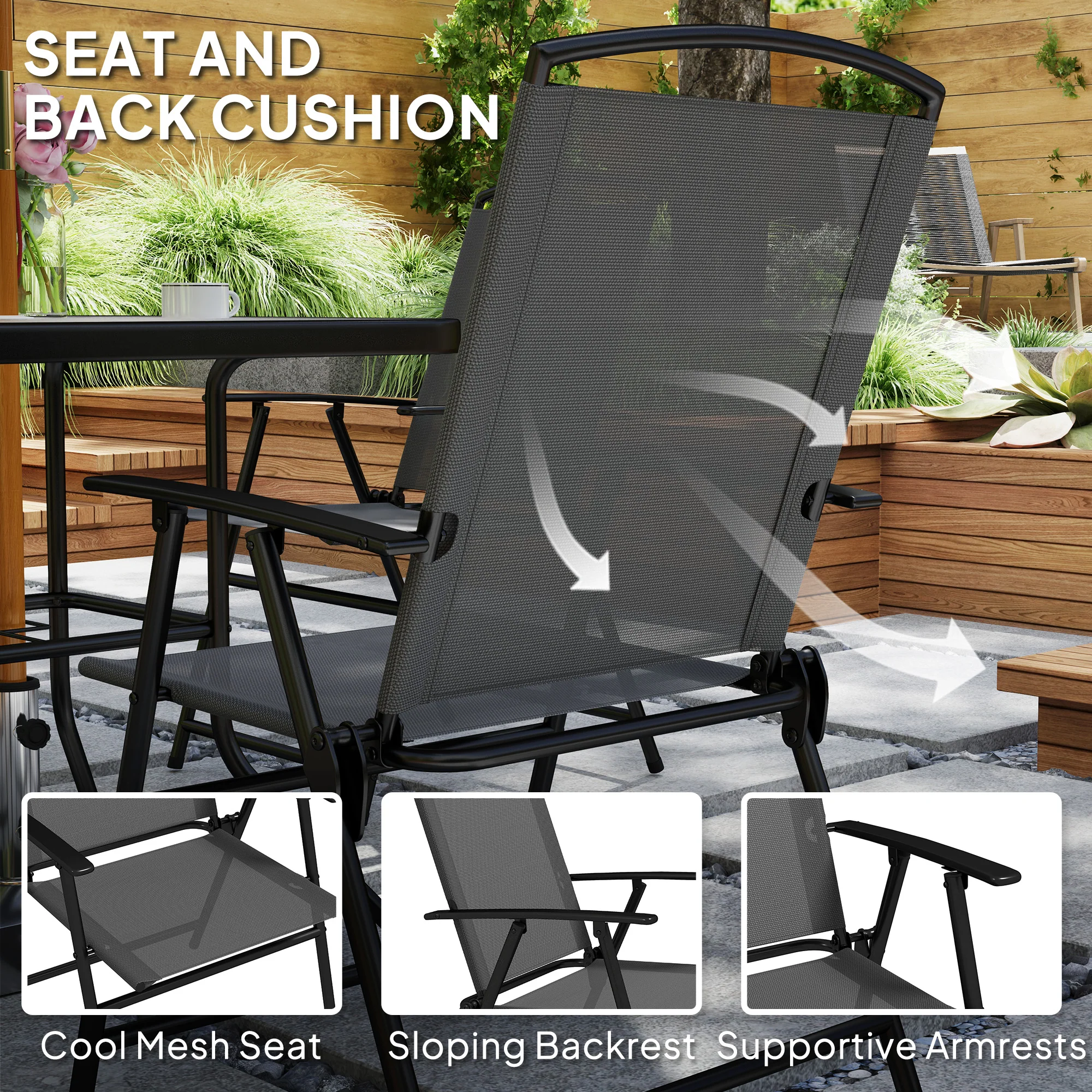 5 Pieces Outdoor Patio Dining Set w/ Glass Top Table & 4 Mesh Folding Chairs, Grey - Image 7