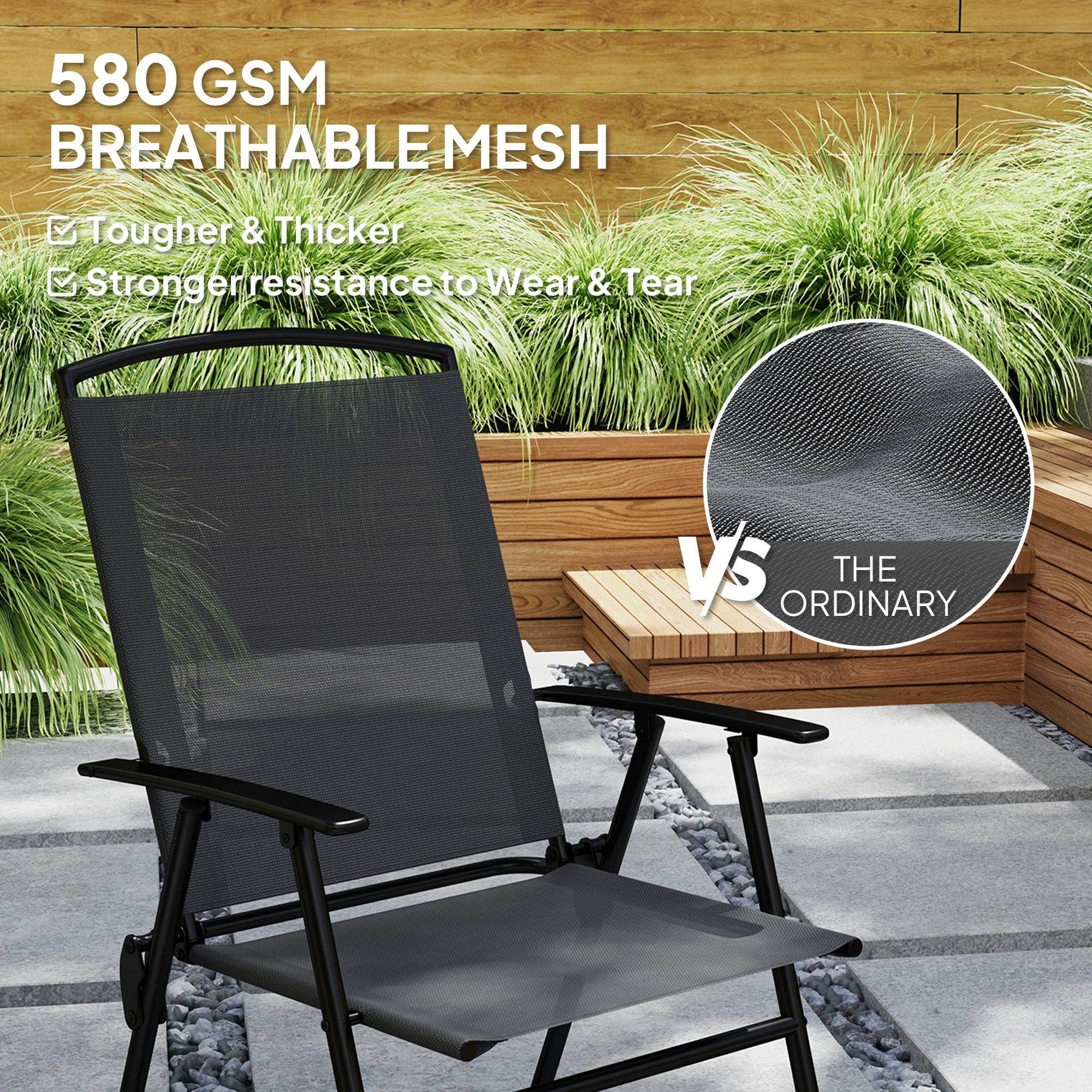5 Pieces Outdoor Patio Dining Set w/ Glass Top Table & 4 Mesh Folding Chairs, Grey - Image 8