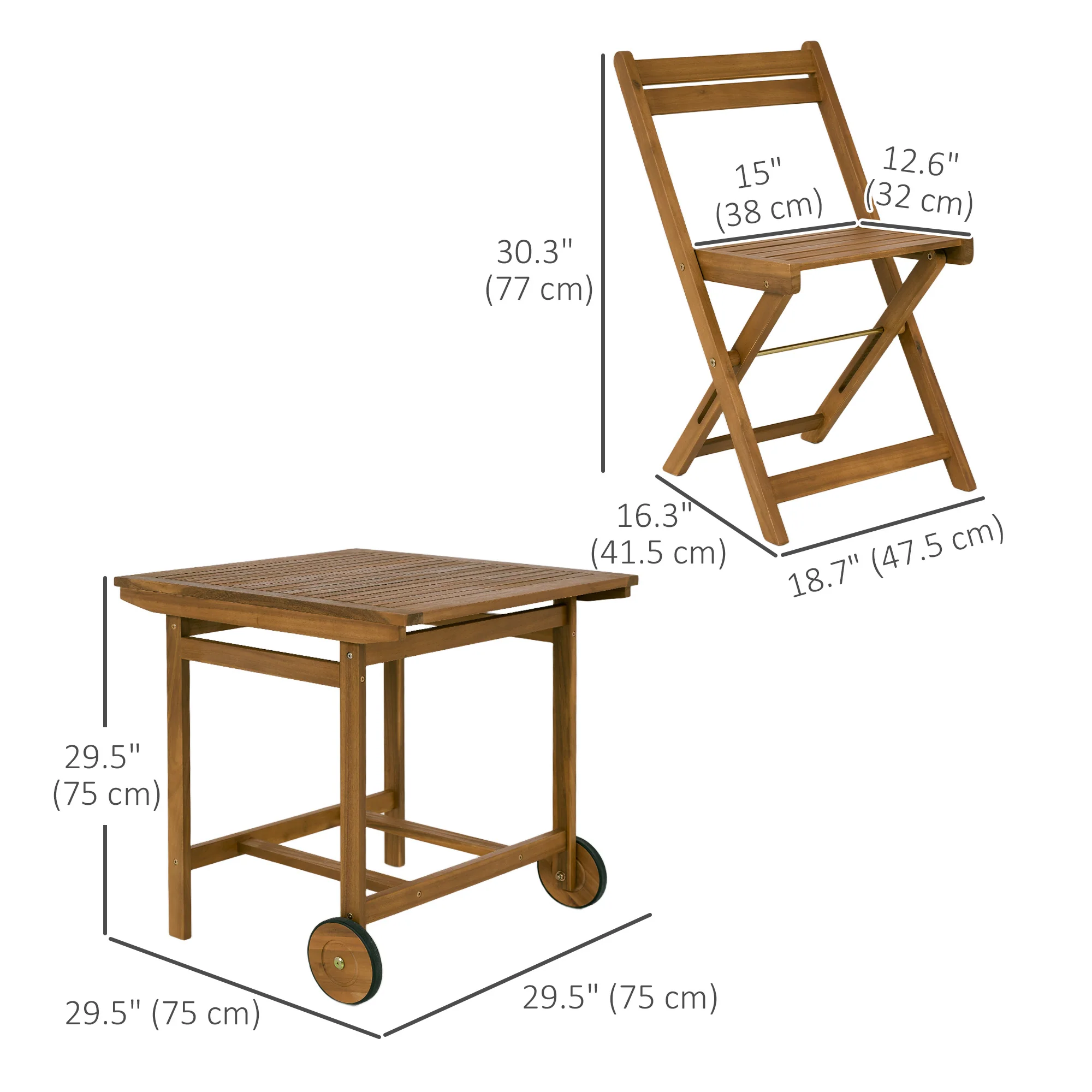 5 Pieces Wood Patio Dining Set, Wheeled Patio Table & Folding Chairs w/ Cushions, Teak - Image 5