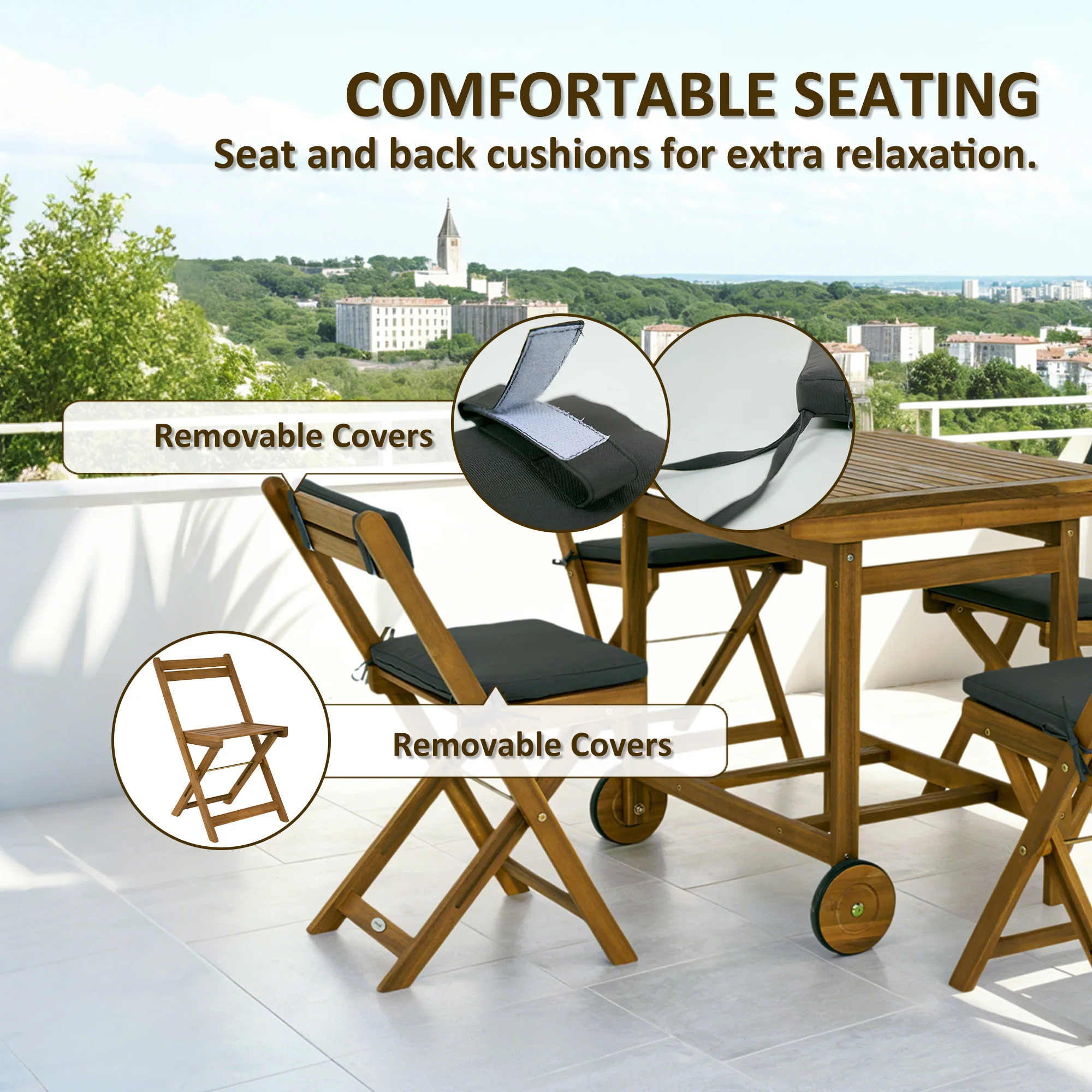 5 Pieces Wood Patio Dining Set, Wheeled Patio Table & Folding Chairs w/ Cushions, Teak - Image 8