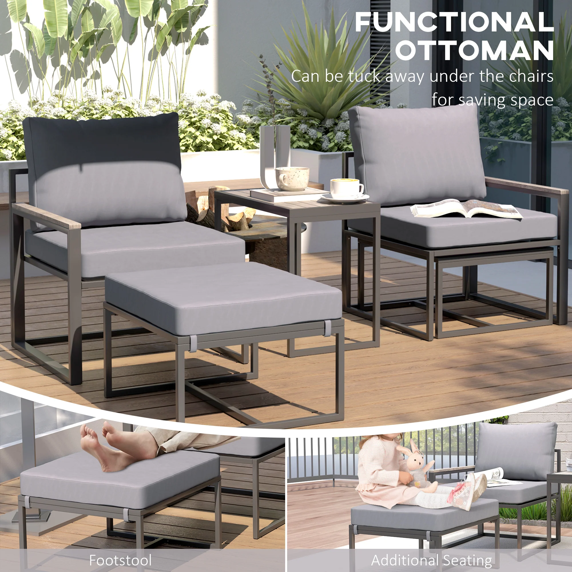 5 Pieces Outdoor Patio Furniture Set with Ottomans & Cushions for Garden, Poolside, Grey - Image 6