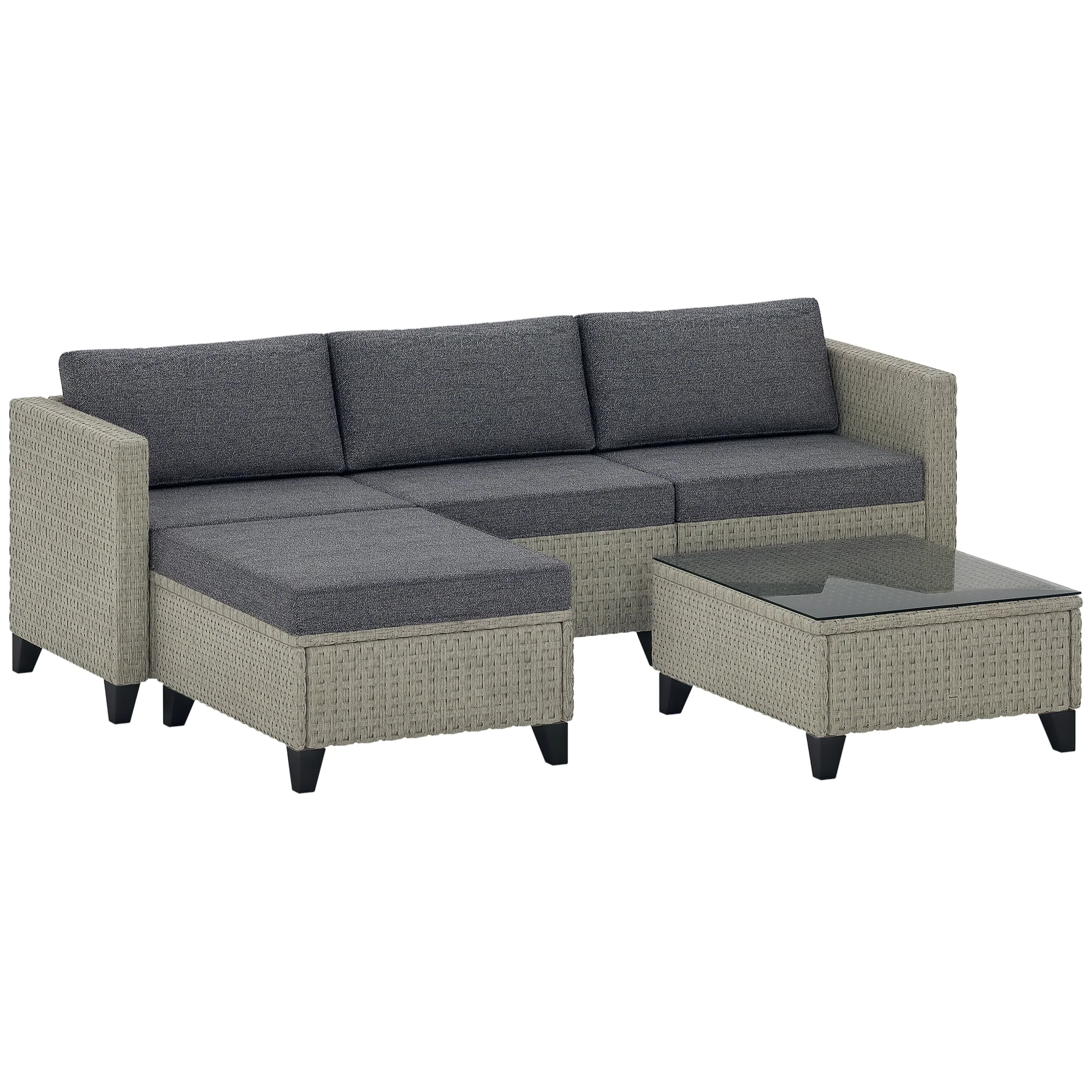 5 Piece PE Rattan Garden Furniture Set with Corner Sofa & Glass Table, Dark Grey